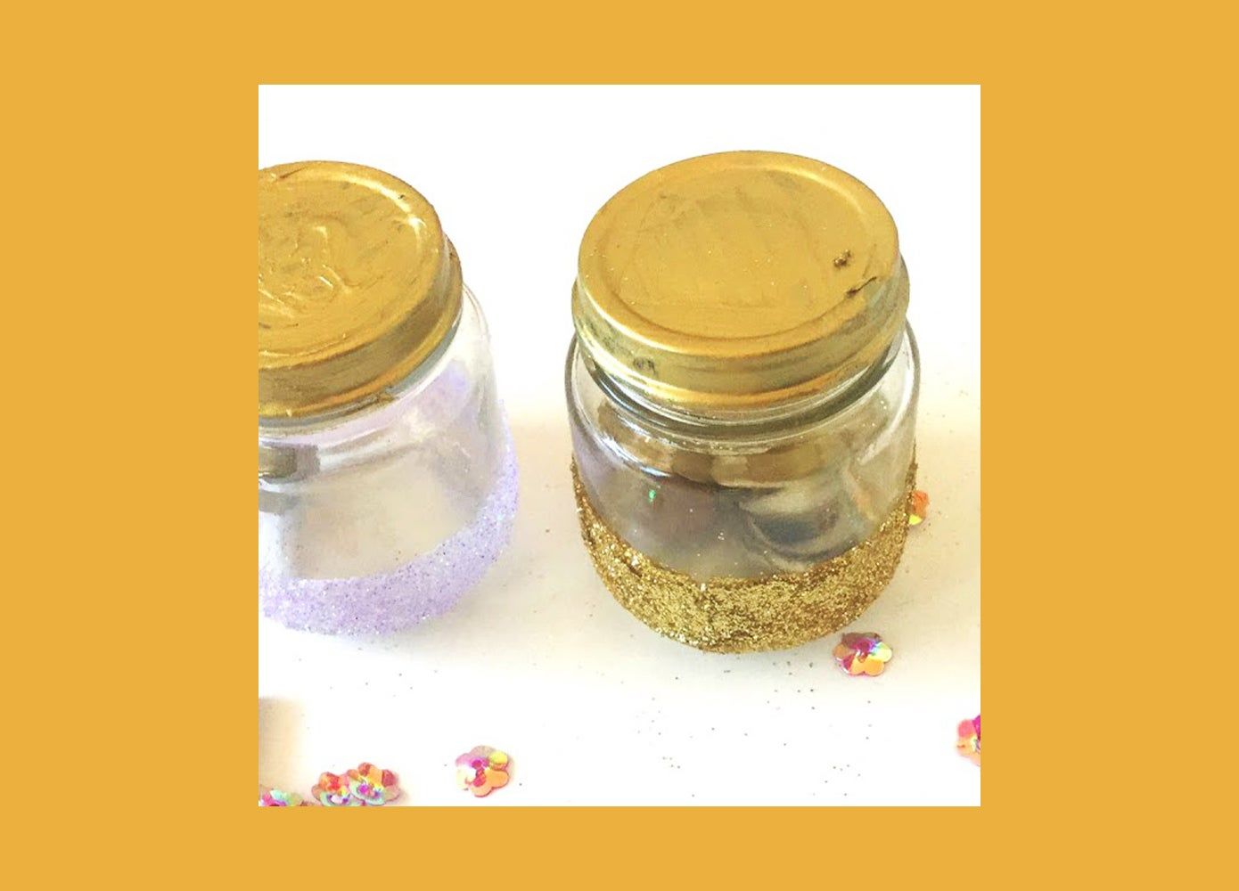 Glass jar with gold painted top and glitter bottom
