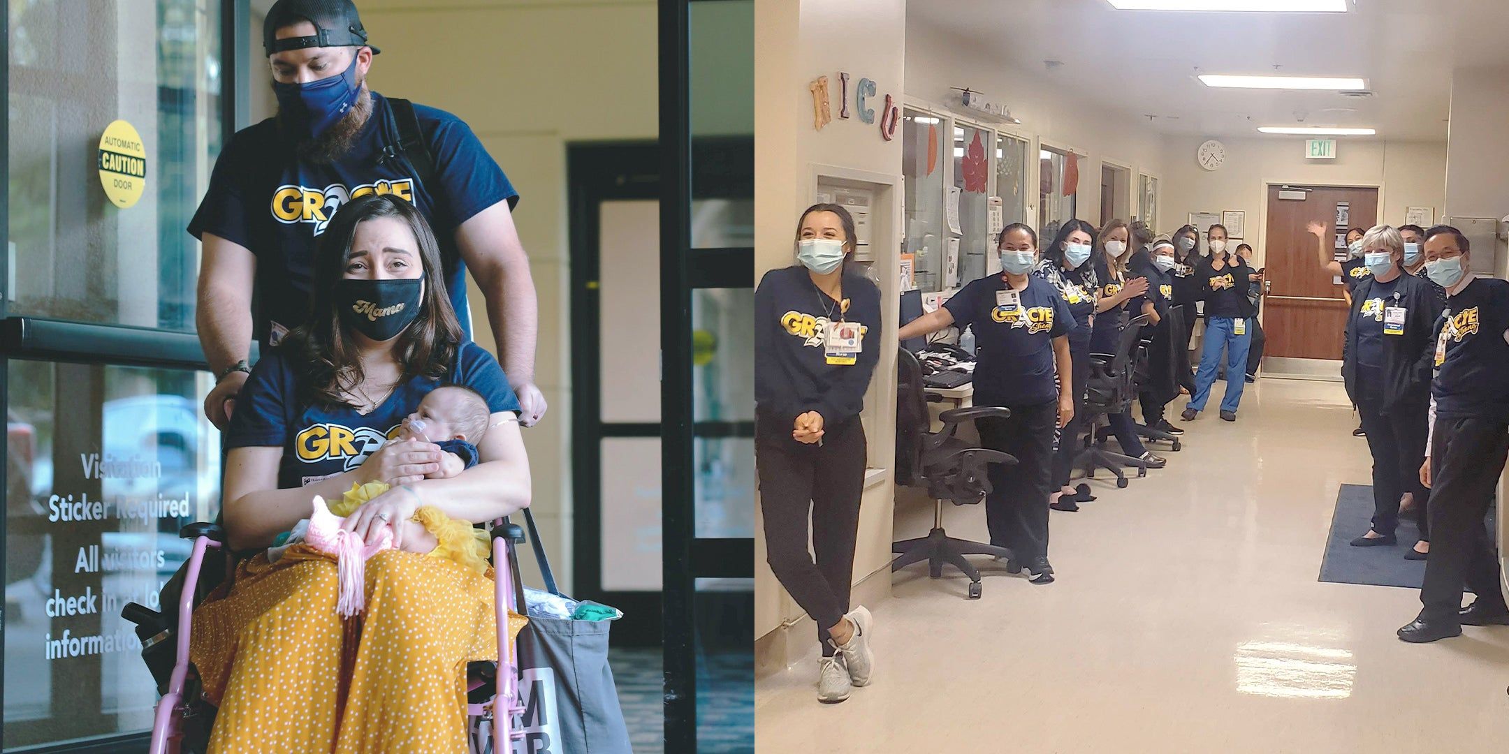 Britni's husband, Mike, pushing her and Gracie in a wheel chair in the hospital; A team of NICU doctors and nurses wearing "Gracie Strong" t-shirts