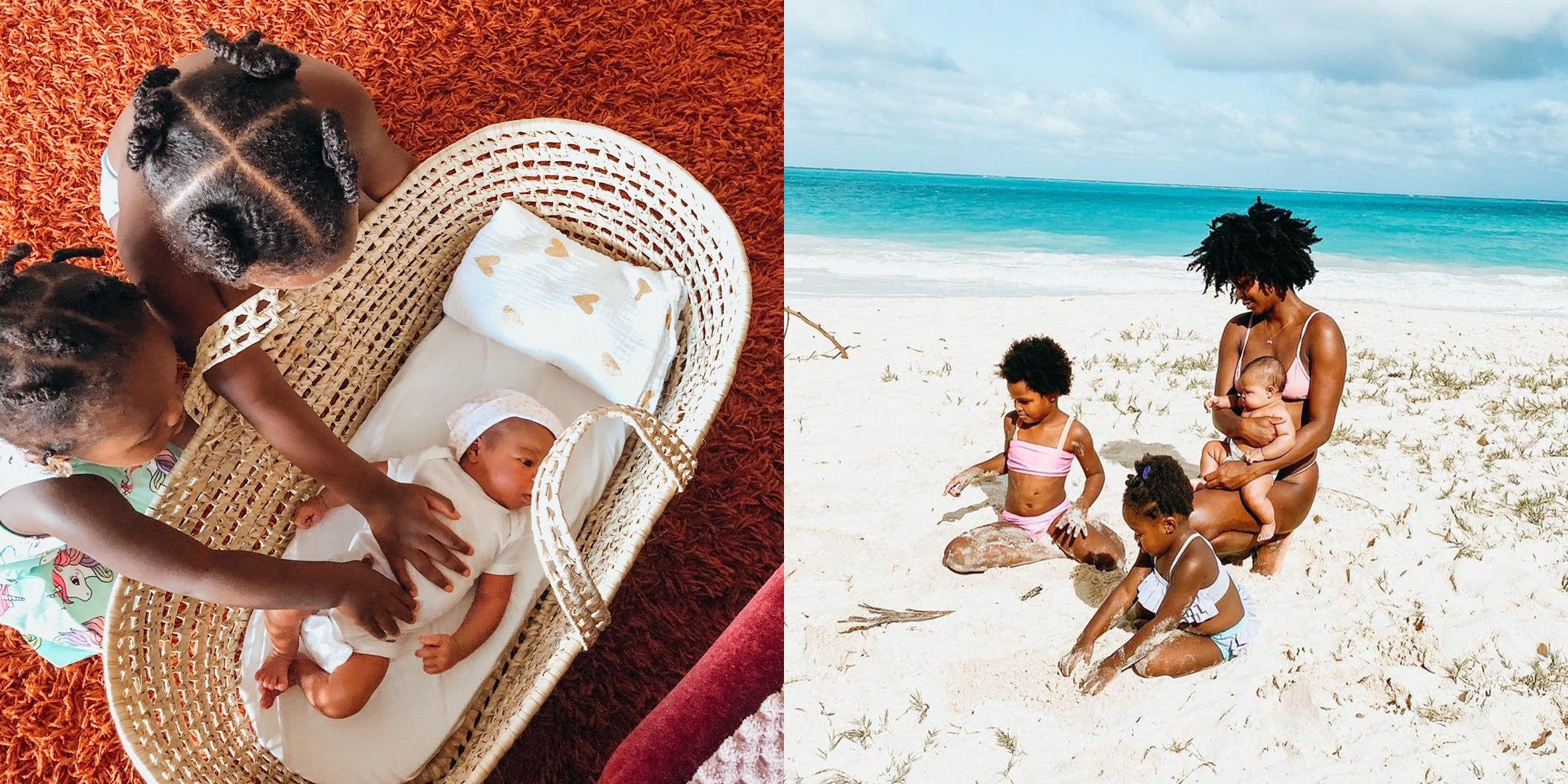 Geena Whyte's daughters Paloma and Amaris with their hands on their newborn baby sister Olena laying in a basket.