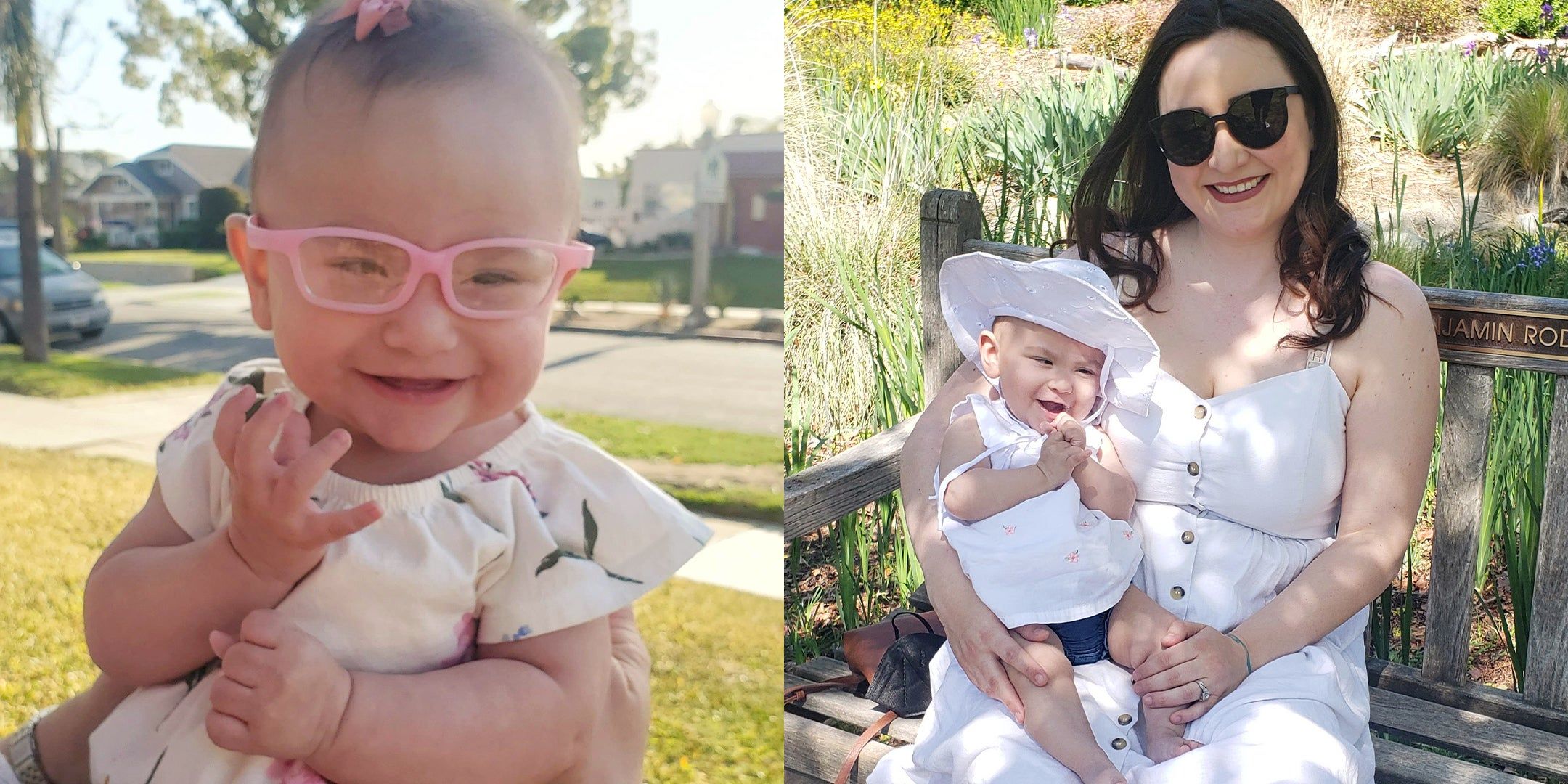 Smiling baby Gracie wearing pink glasses; Gracie and Britni