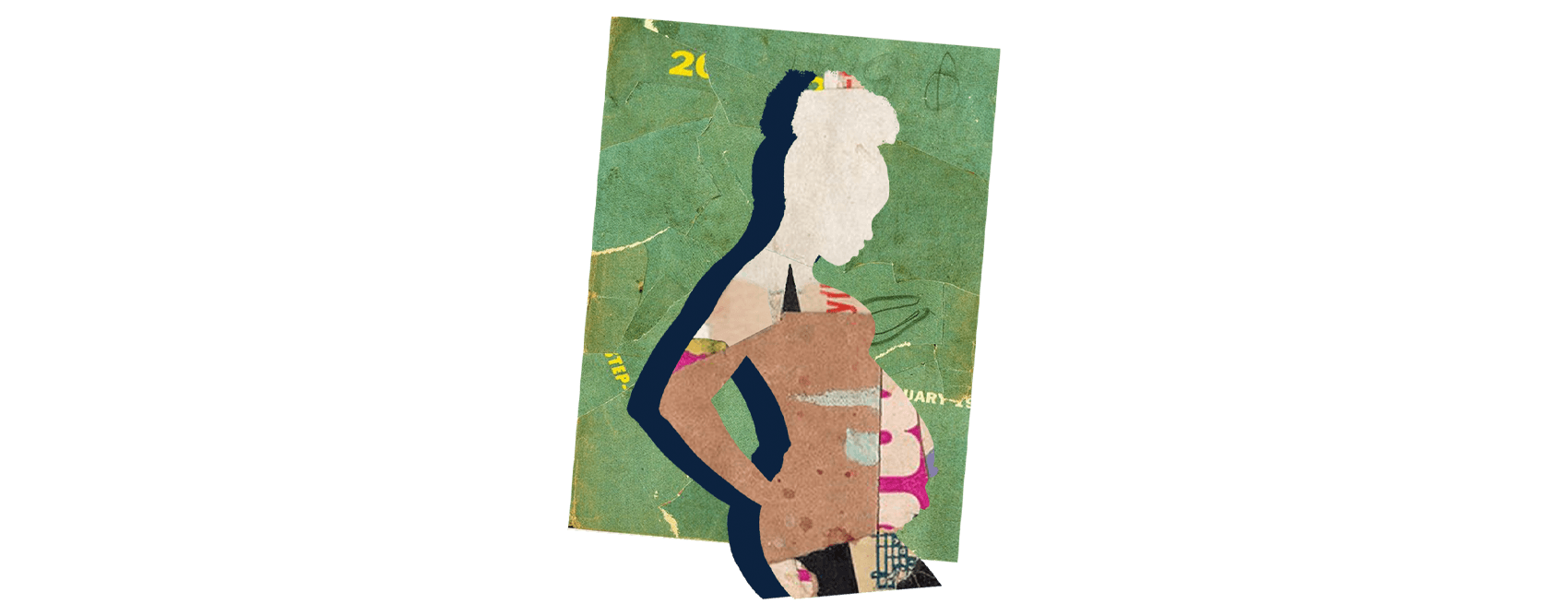 collage of woman holding her belly and looking down