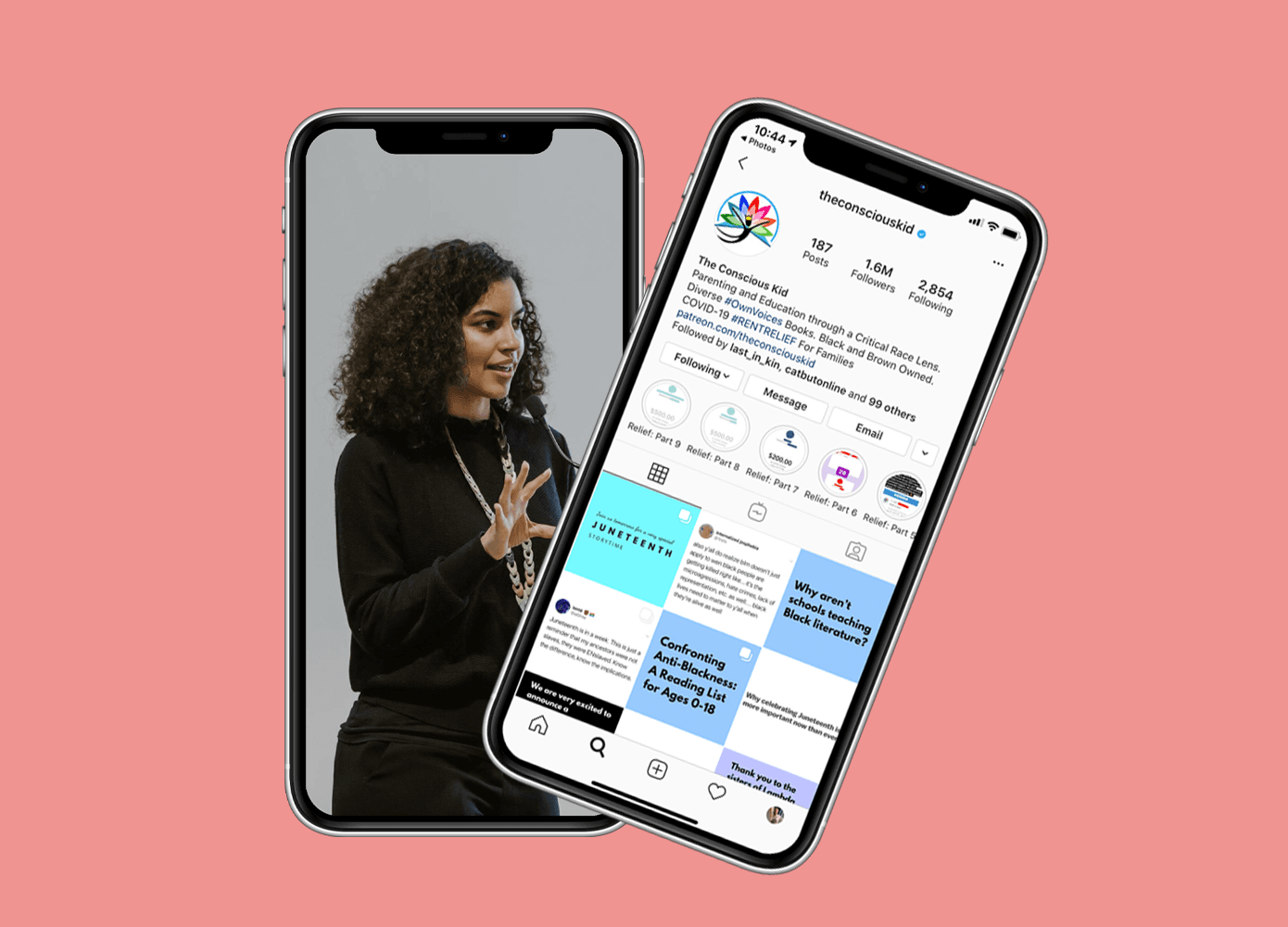 two iPhone's layered on a pink background, one displaying an image of Britt Hawthorne giving a talk on stage and one of the instagram account of The Conscious Kid