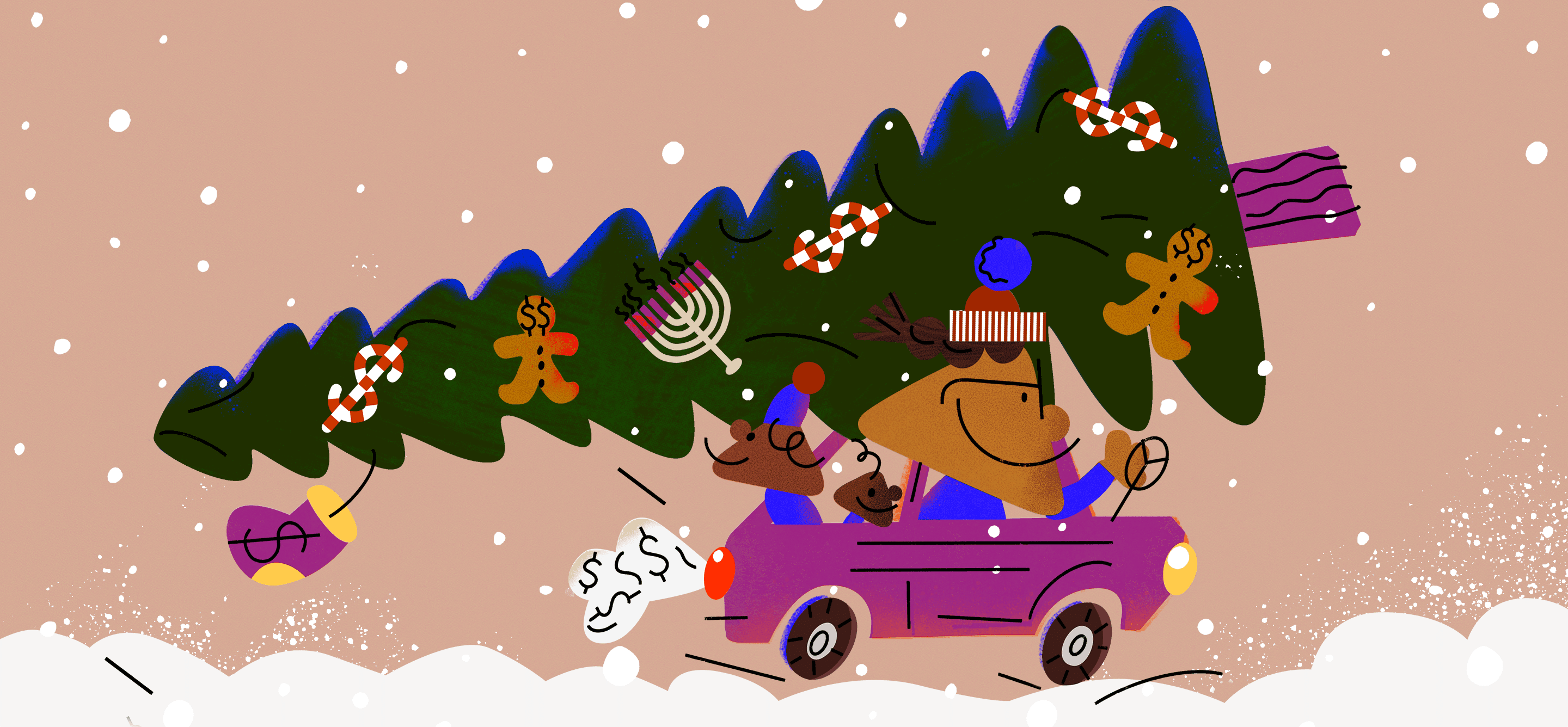 illustration of a person driving a car with a christmas tree on top