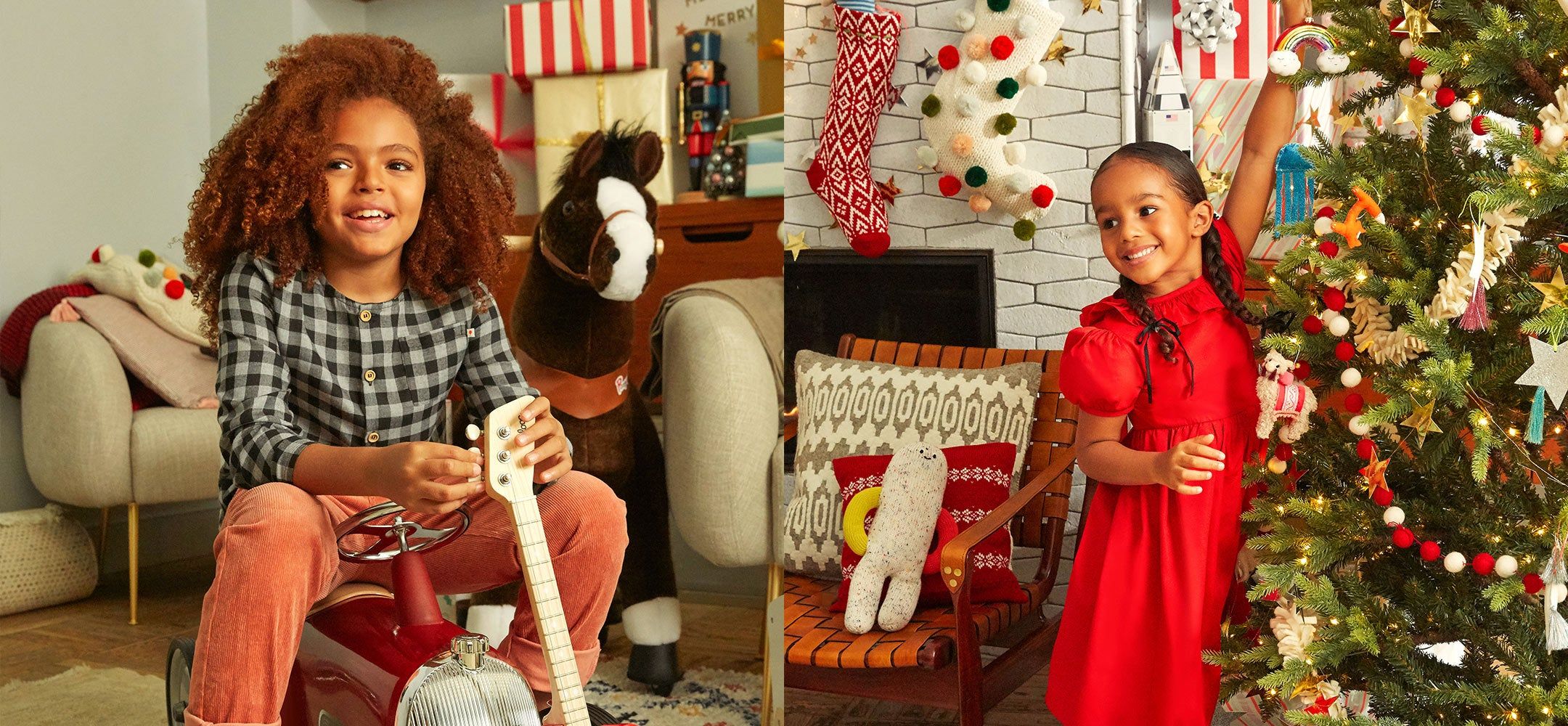 On the left is a photo of a boy sitting on a ride-on car holding a toy guitar. On the right is a girl in a bright red dress hanging an ornament on a christmas tree.