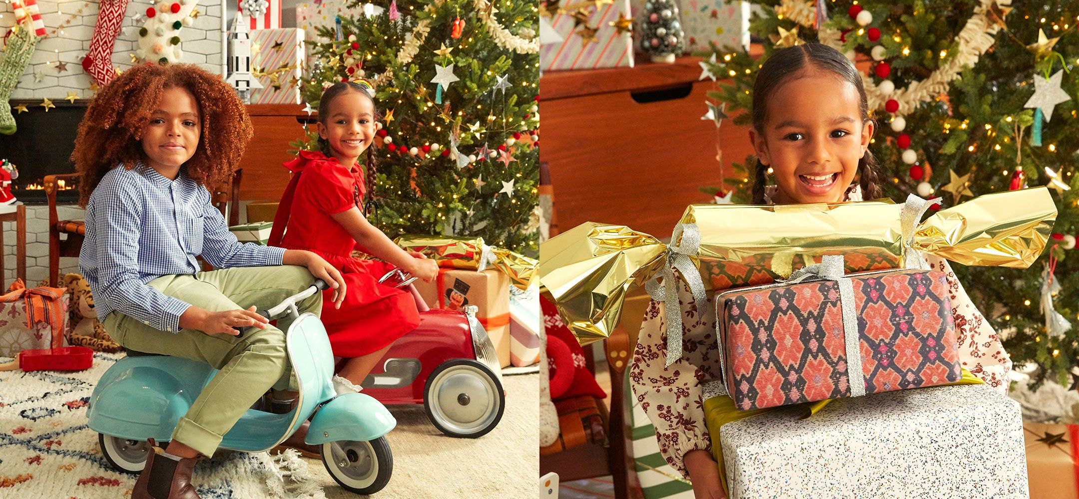 on the left is a boy and girl sitting on ride-on car toys and smiling at the camera. The girl is wearing a red holiday dress and the boy is wearing khaki pants and a blue button down. On the right is a girl holiding a stack of holiday presents and smiling.