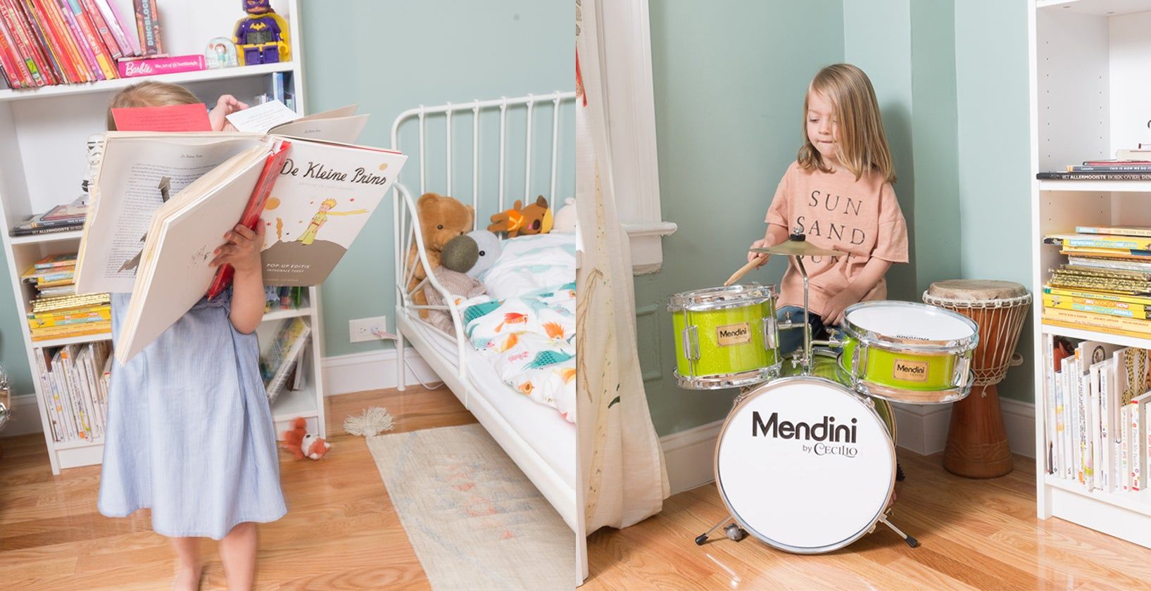 one child reading, another child playing drums