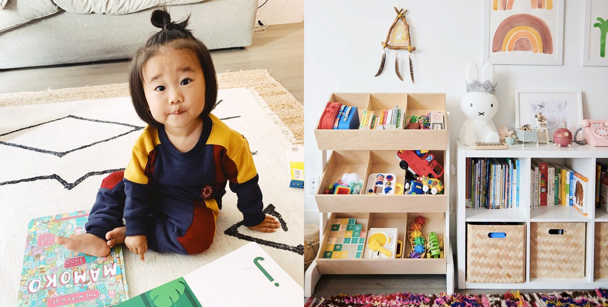 child reading books on the floor