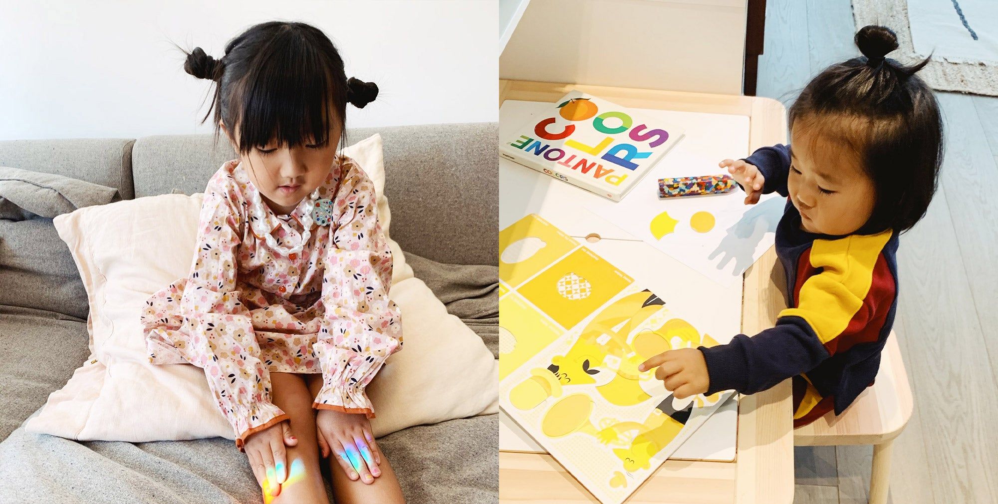 girl playing with rainbow prism on the couch