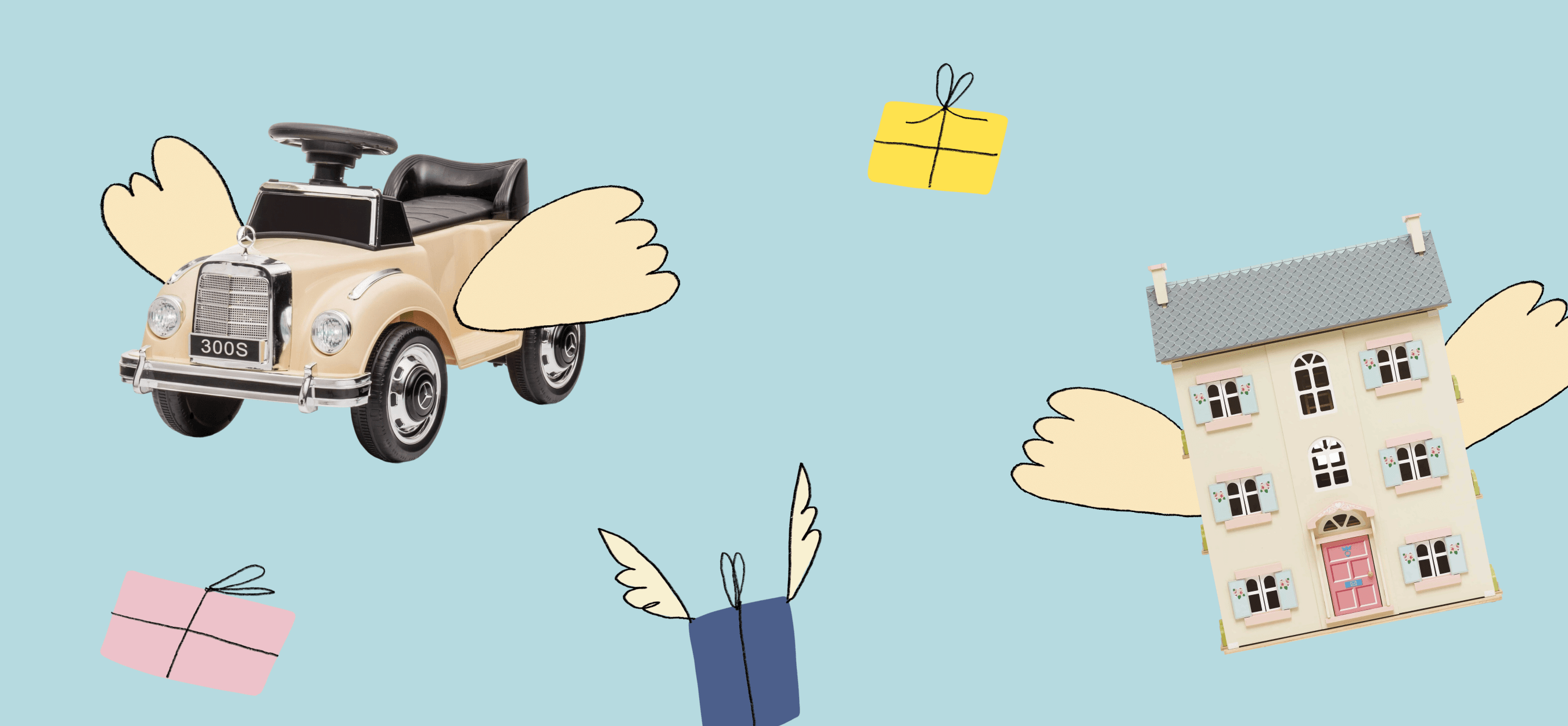 An image of some kids gifts flying through an illustrated holiday world.