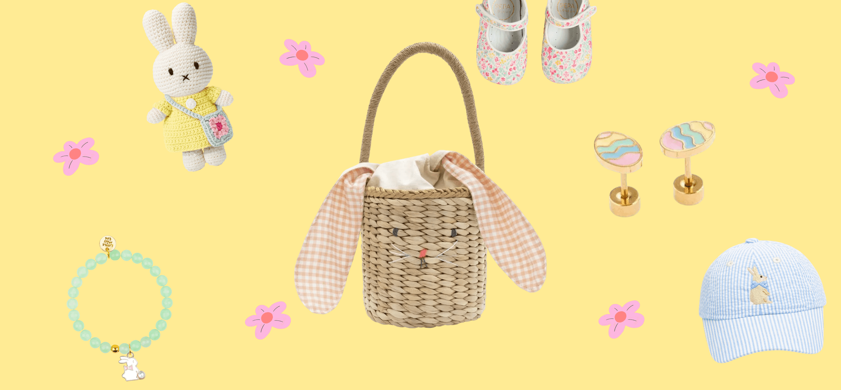 girl with Easter baskets with bunnies and spring flowers 