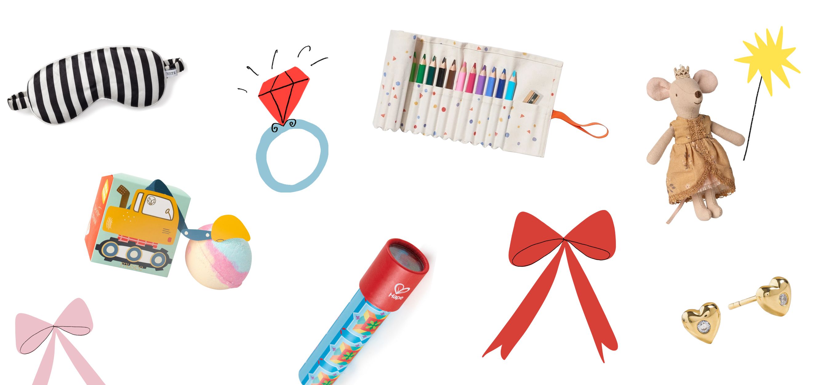 illustration of several cats in Christmas stockings and carrying fun stocking stuffers