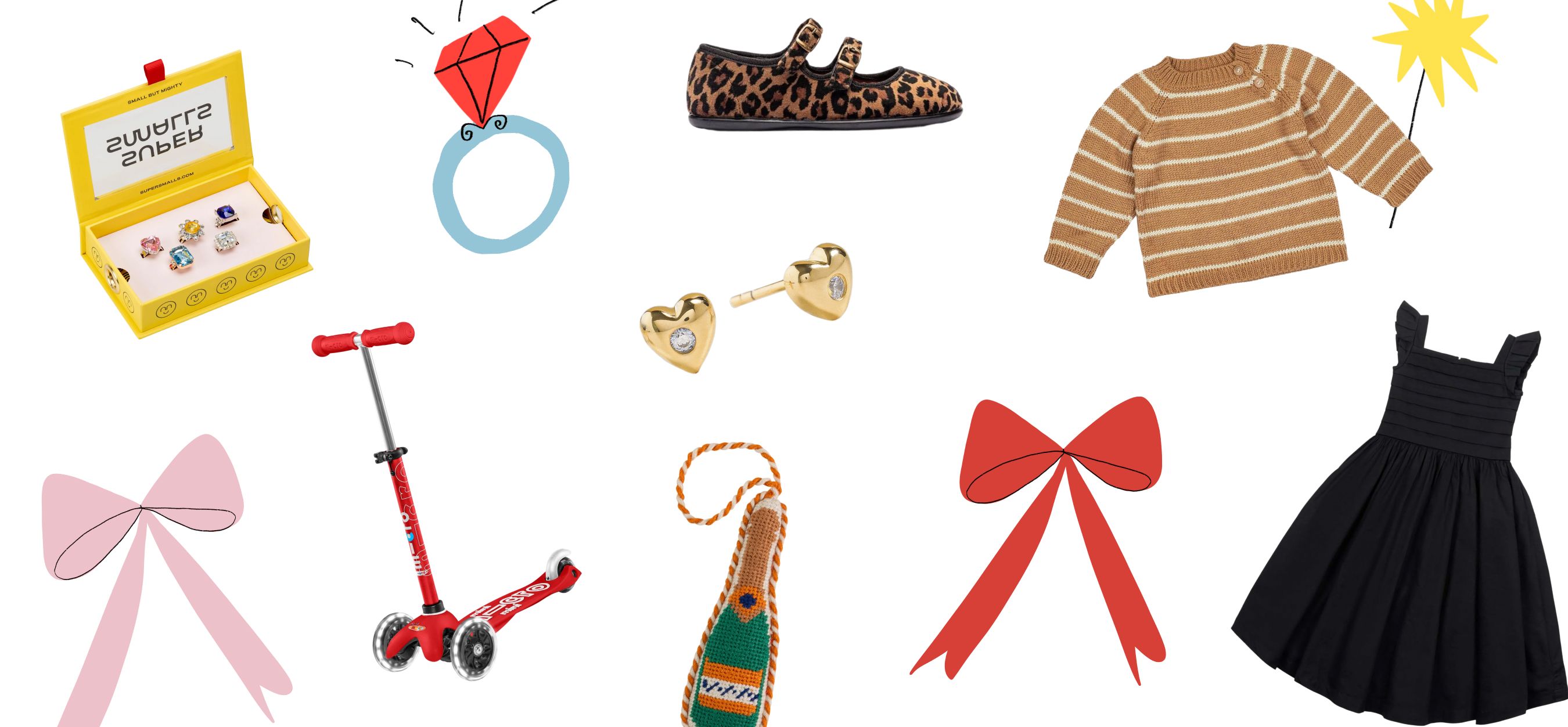 A collage of stylish kids clothes and toys on sale.