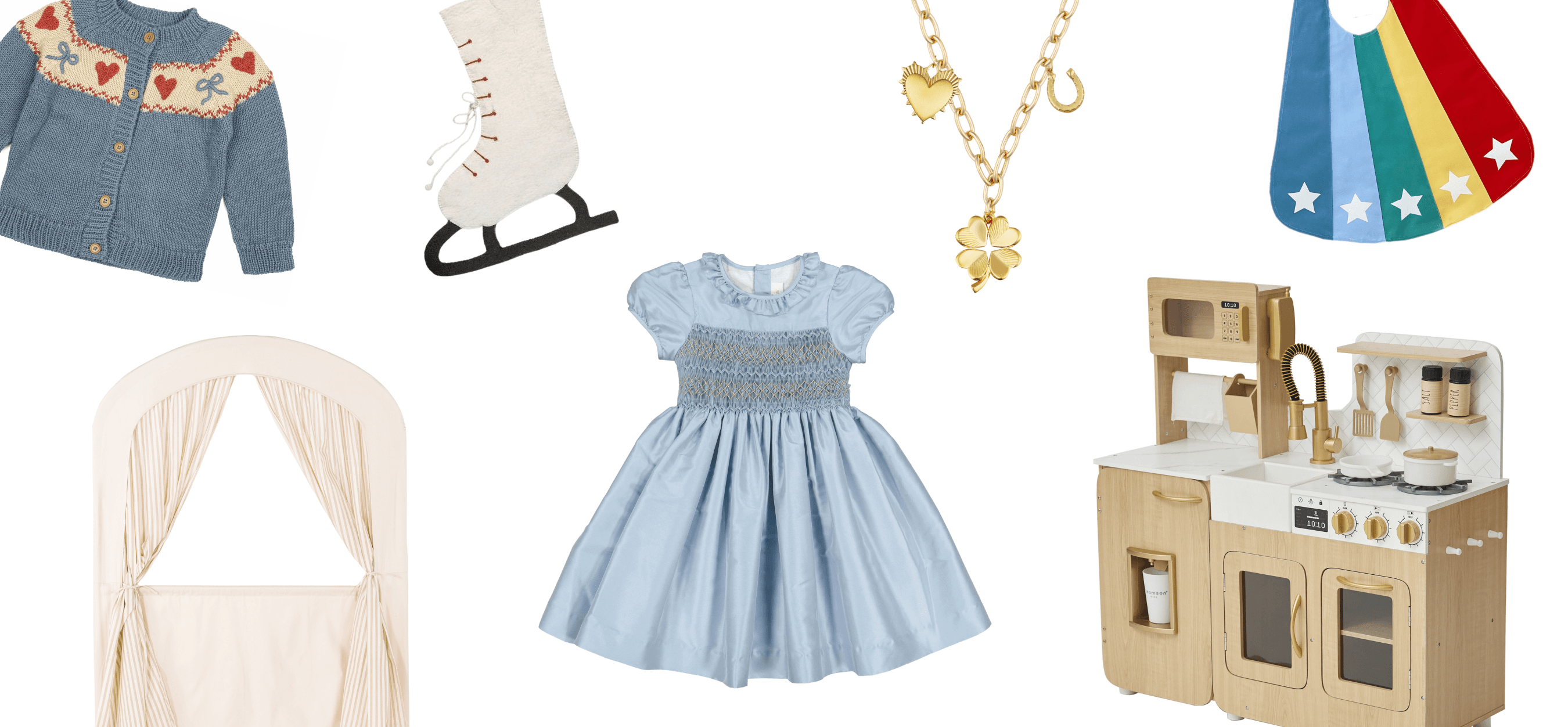 A collage of stylish kids clothes and toys on sale.