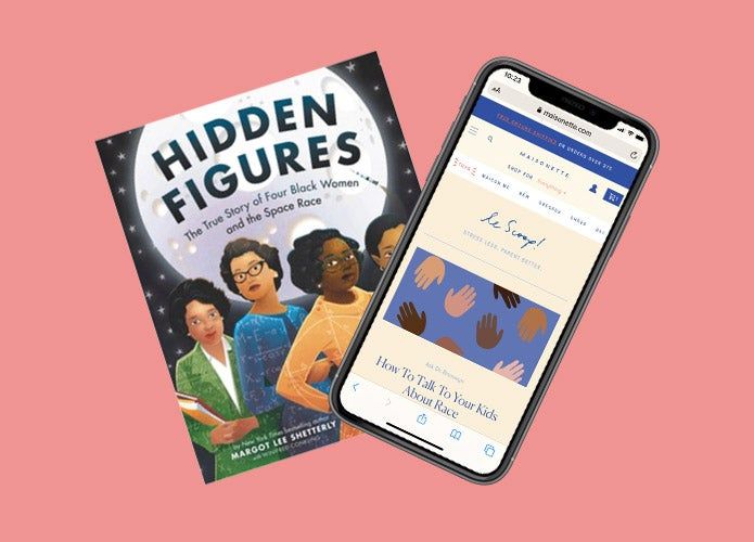 An iPhone displaying the Le Scoop homepage and the book, Hidden Figures on a pink background