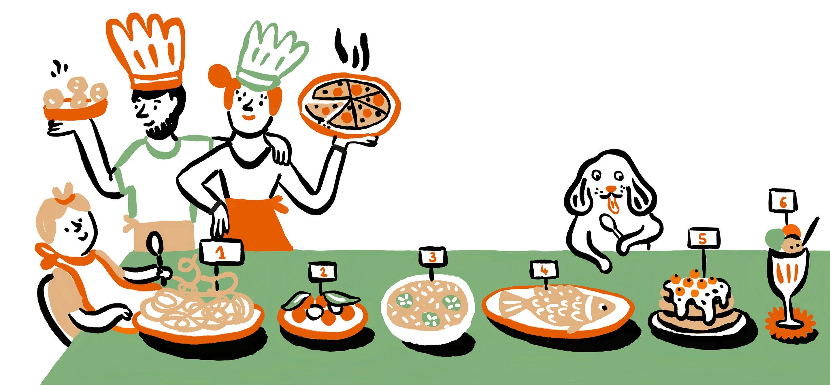 Illustrations of mother and father serving a buffet table of Italian food to their child