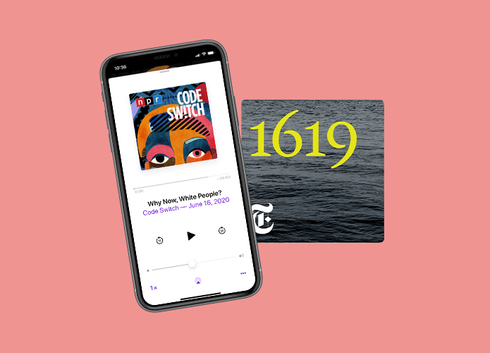 an iPhone displaying the podcast Code Switch and the New York Times podcast 1619 icon on a pink background