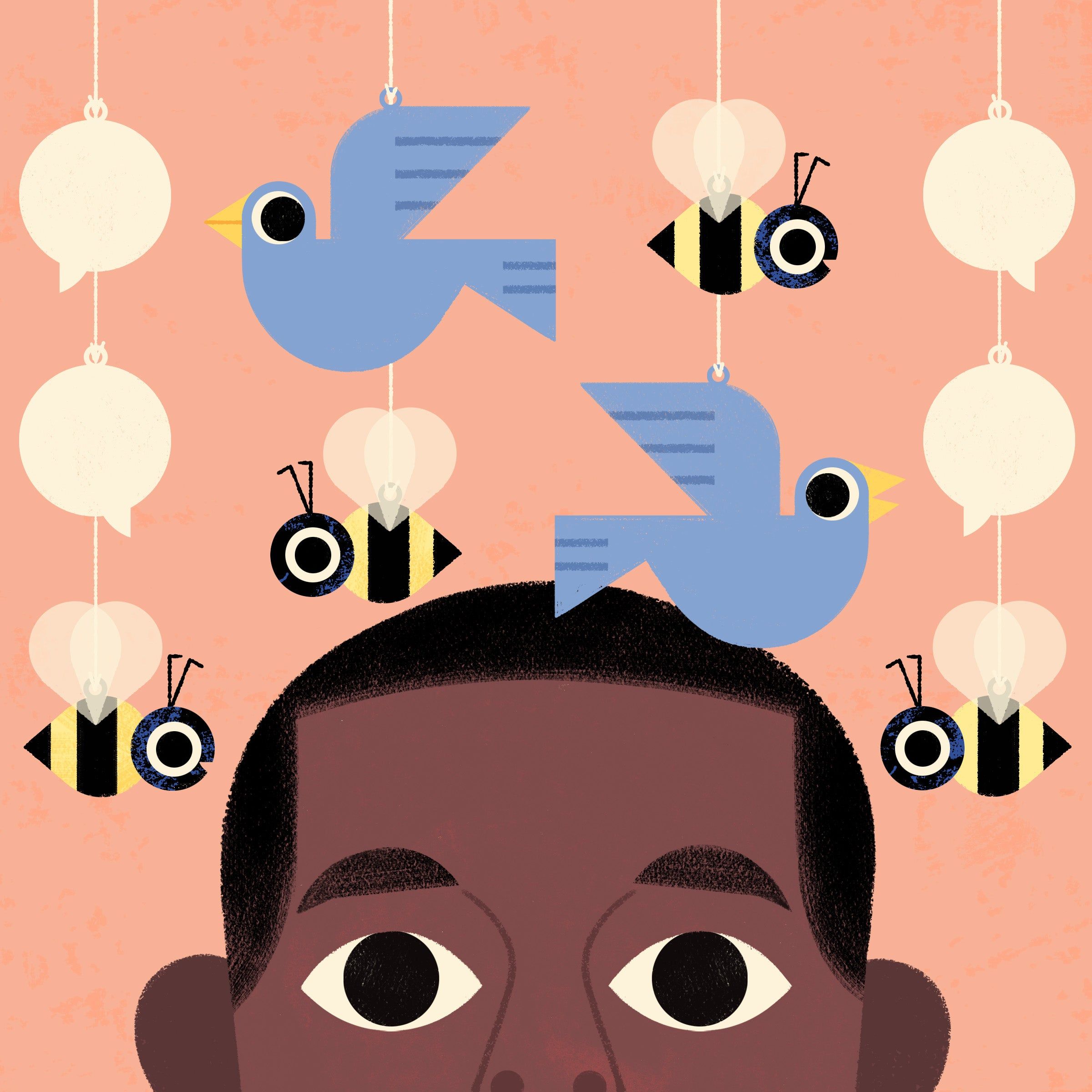 illustration of a boy with symbols of the birds and bees floating above his head 