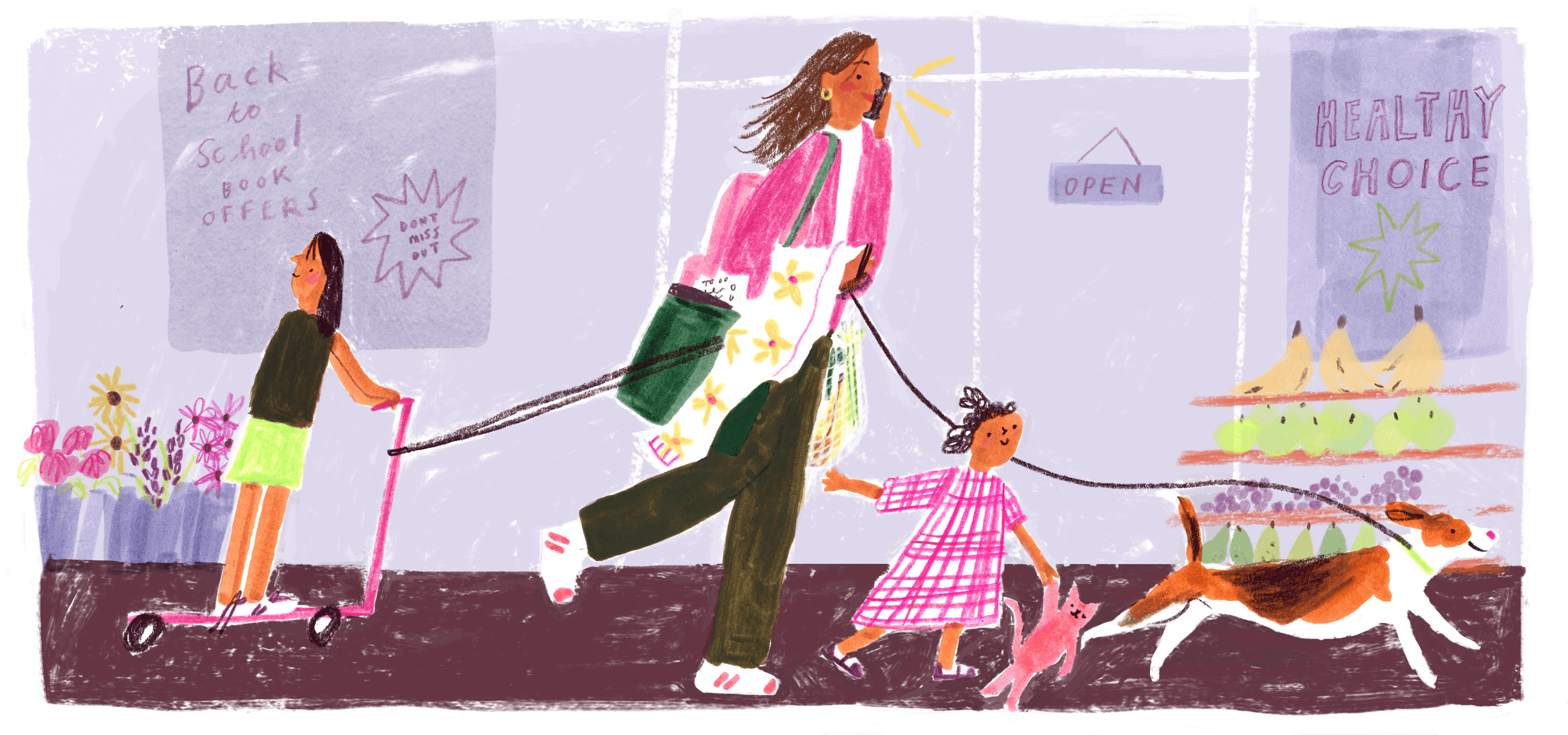 a busy mom and two kids walking down the sidewalk with lots of bags and gear