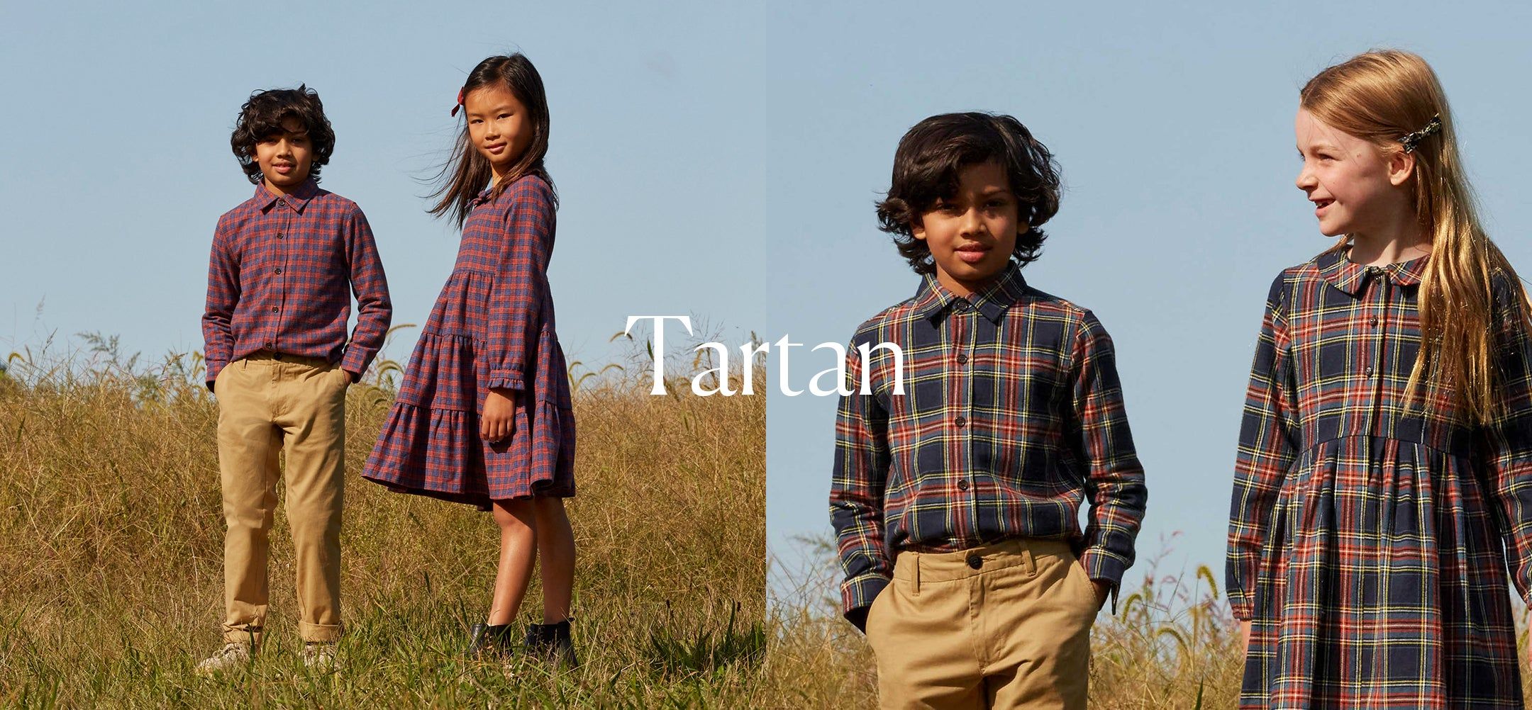 photos of children wearing matching holiday tartan clothing