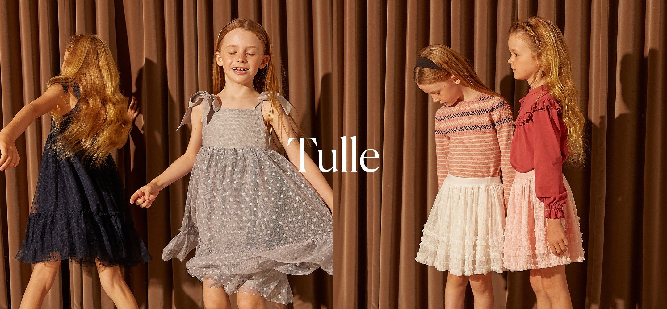 photos of girls wearing tulle dresses on the left and sweaters and skirts on the right