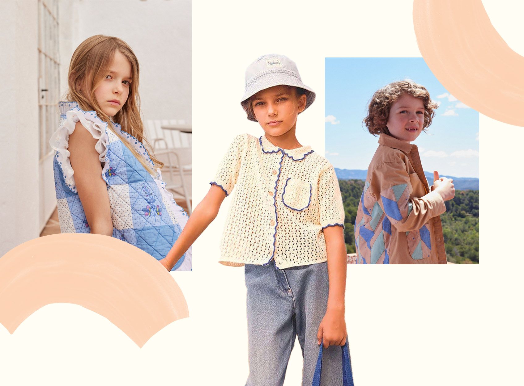 A collage of scalloped clothing and shoes.