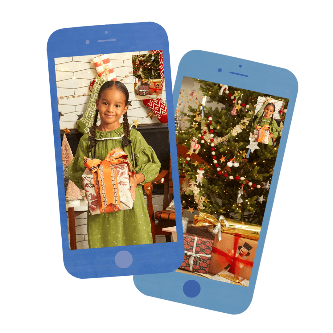 Two illustrated iPhones, one showing a little girl holding a present and the other a Christmas tree with gifts