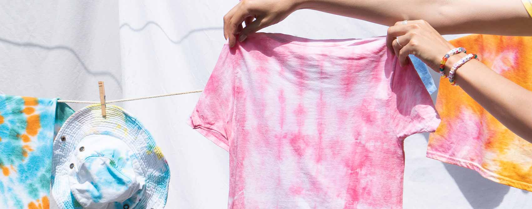 a laundry line of tie-dye items