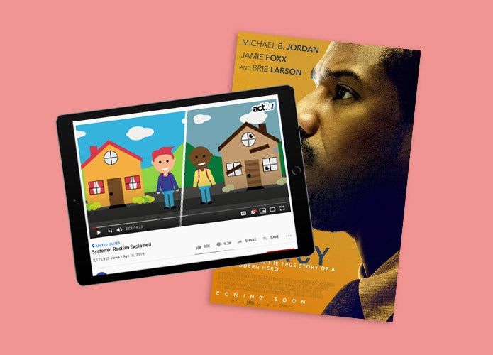 An iPad displaying the Youtube video, Systemic Racism Explained and the movie cover for Just Mercy on a pink background