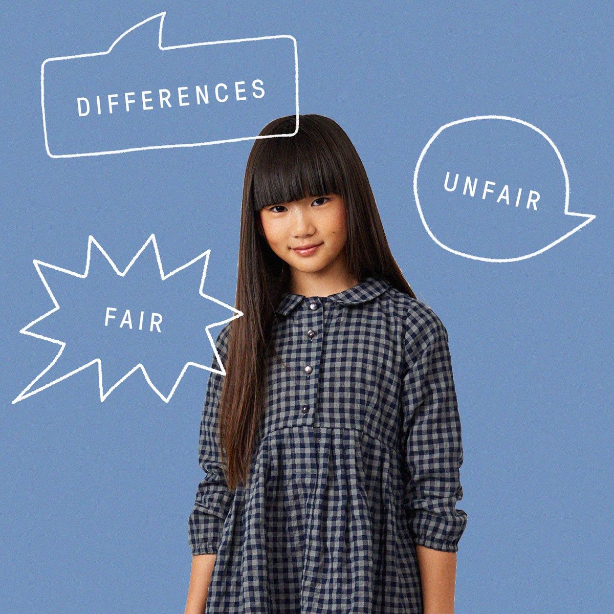 a girl in a dress with words written over her reading 'differences,' 'fair,' and 'unfair'