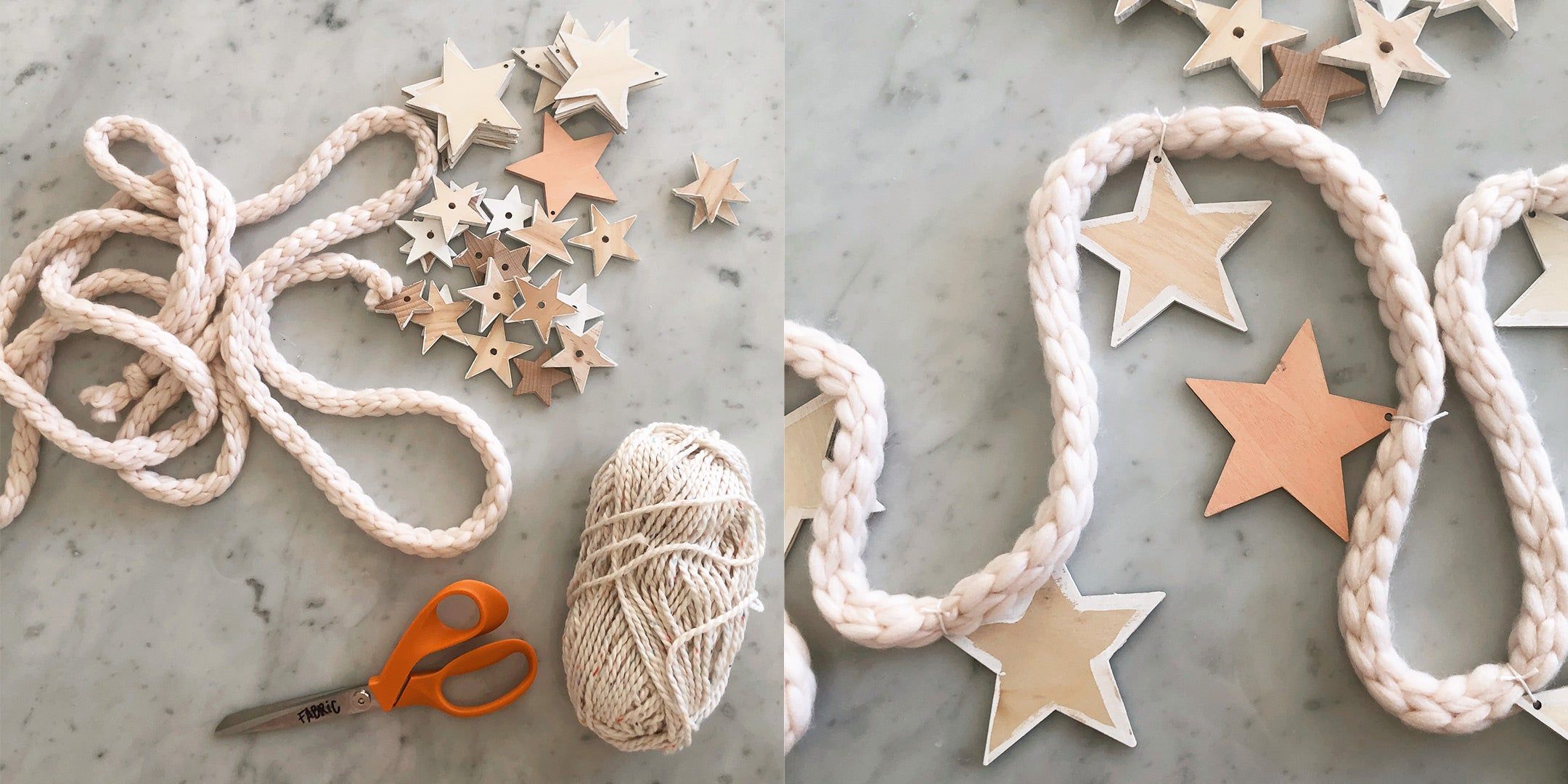ivory garland rope, string, wooden stars and orange scissors