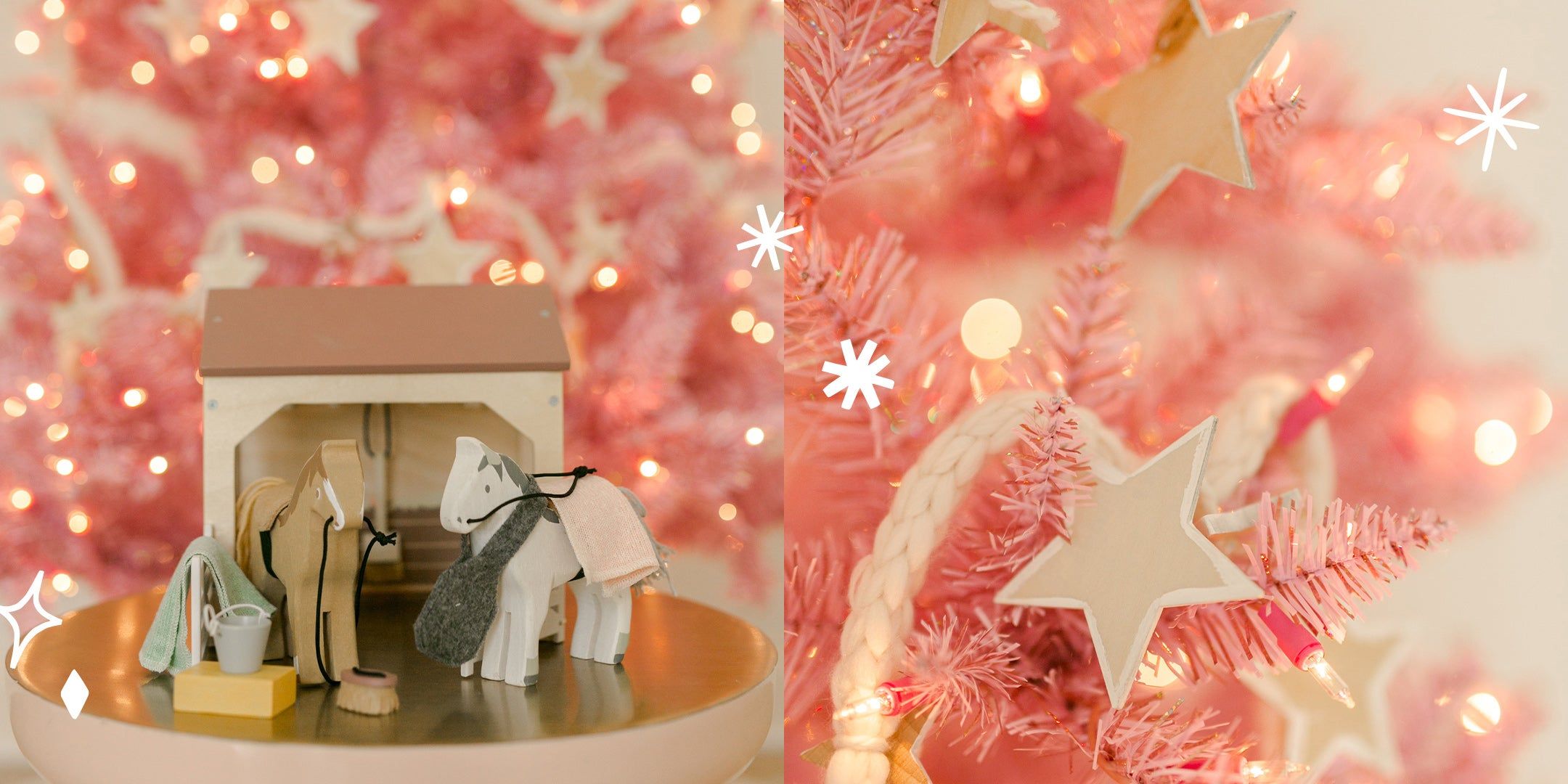 a wooden stable scene with two horses set before a pink christmas tree, right: a pink christmas tree with a close up of a wooden star garland