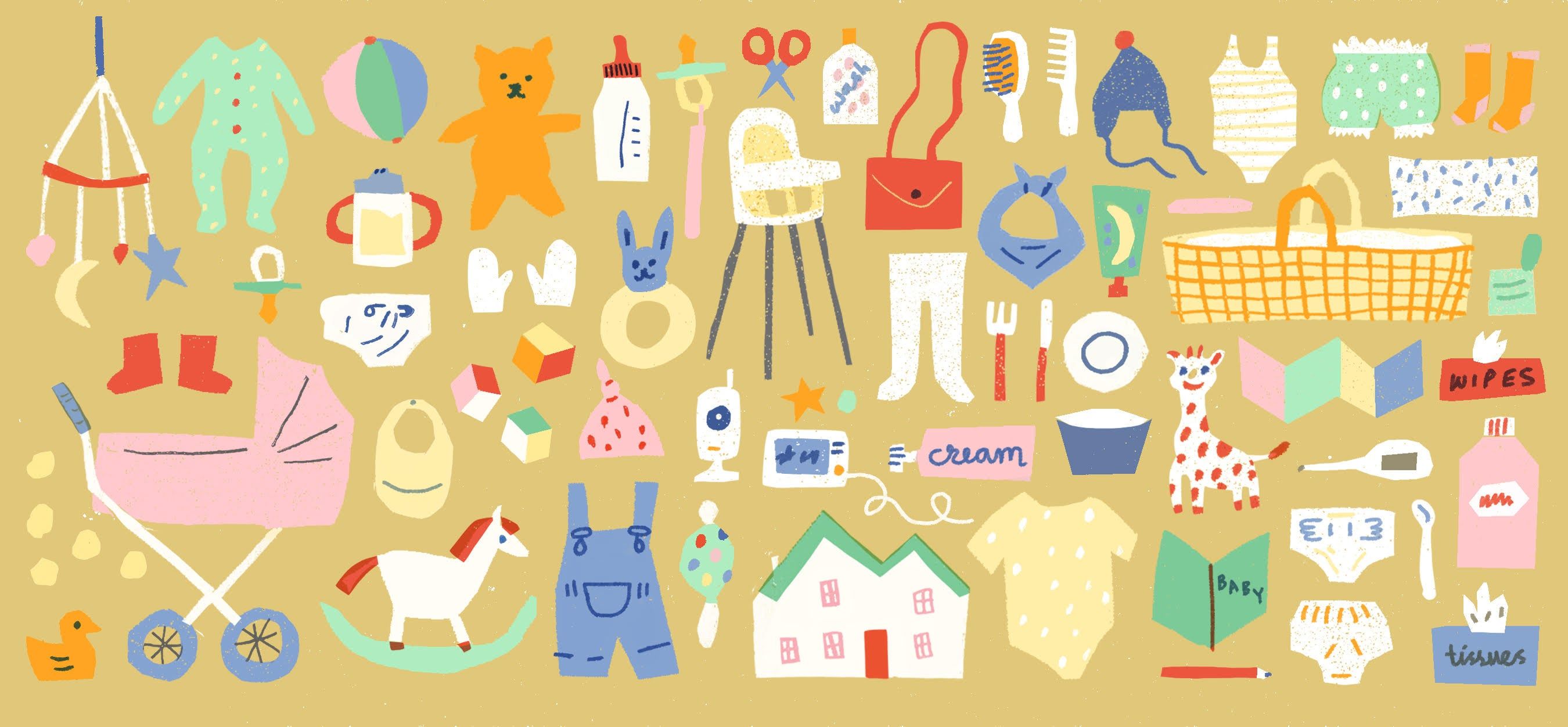 illustration of items babies need like stroller toys and onesies
