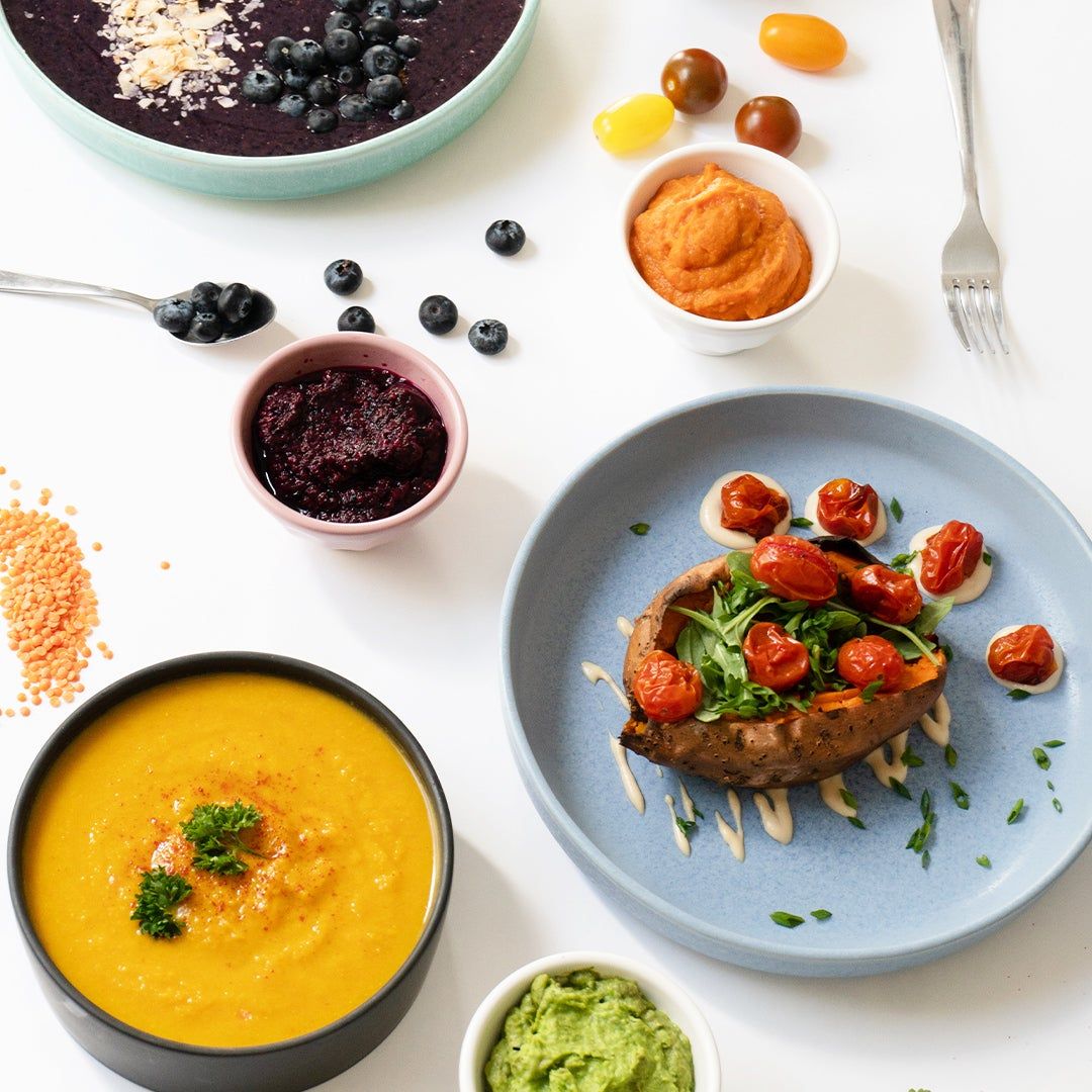 variety of colorful pureed foods shot from above