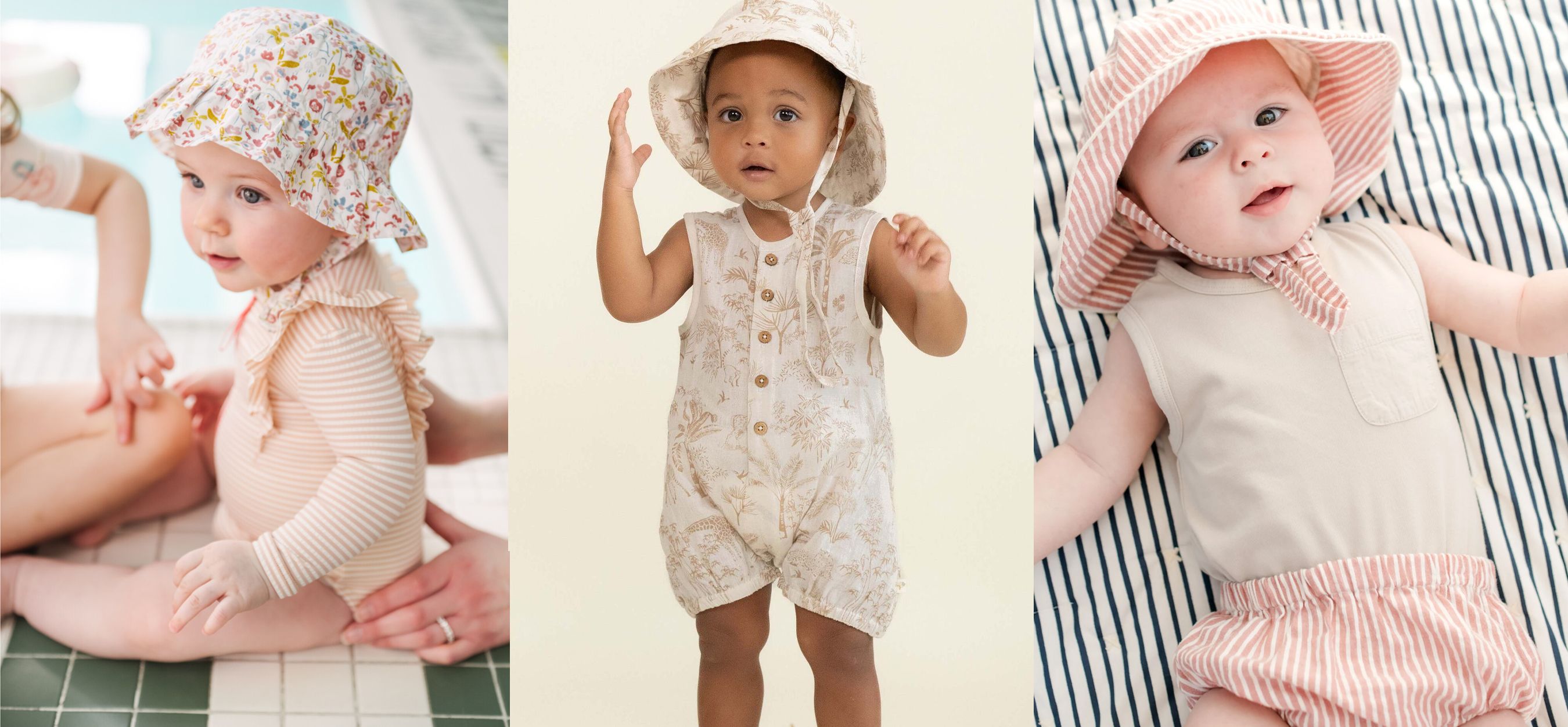 Three babies wearing cute sunhats and sun rompers outside during the summertime.