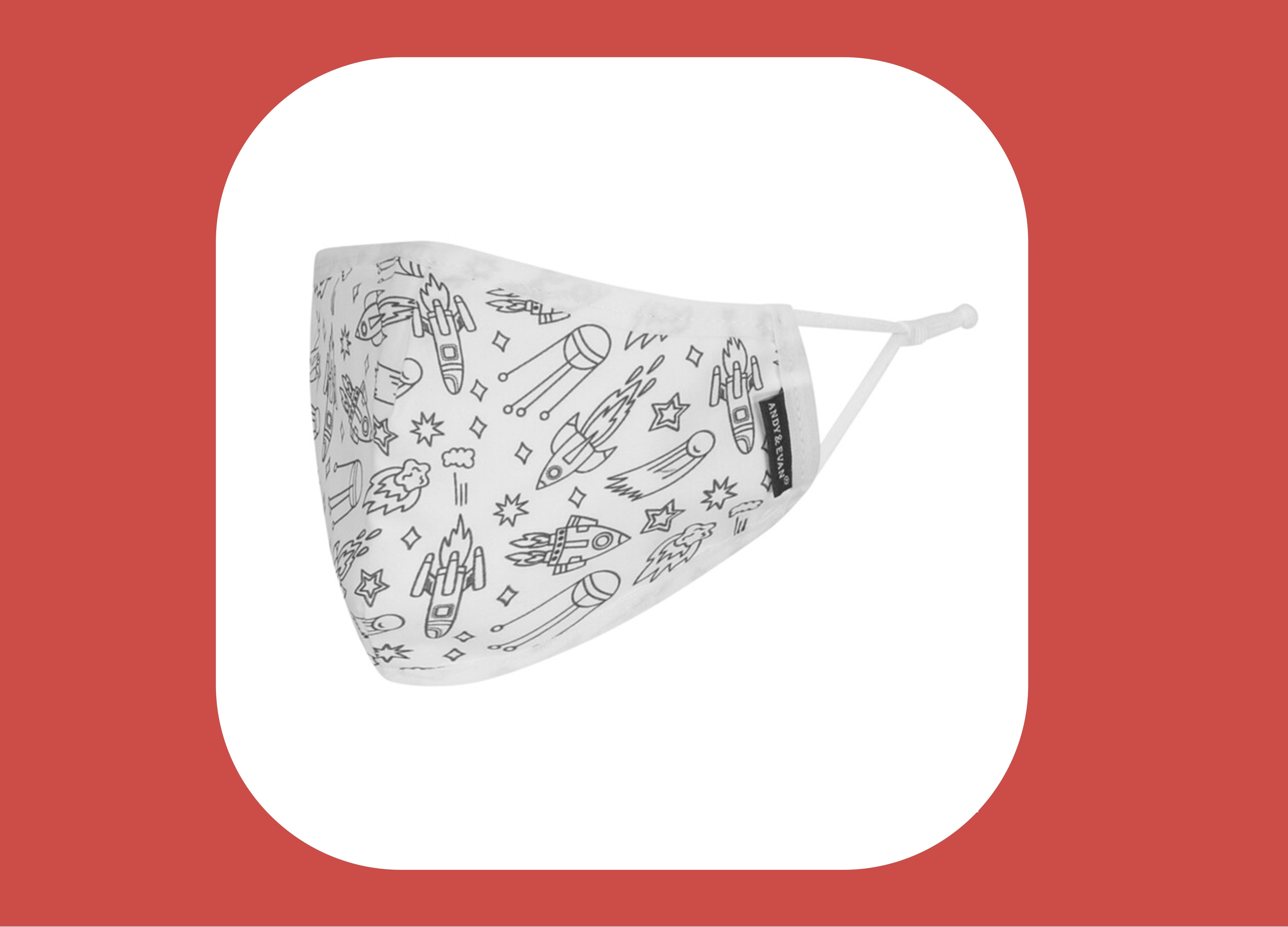 kids face mask with black rocket ship illustration to color