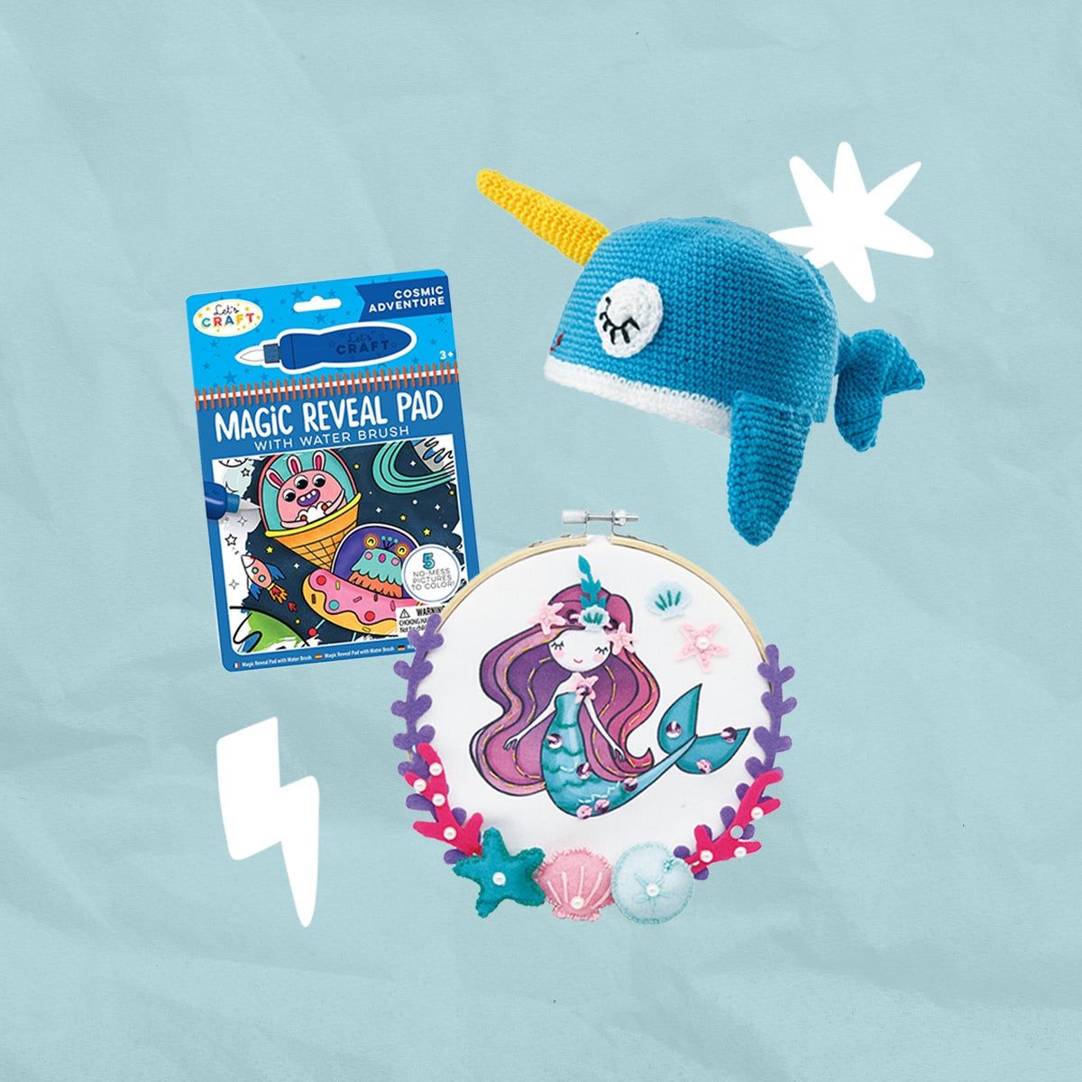 Assorted crafts from Bright Stripes on a blue background