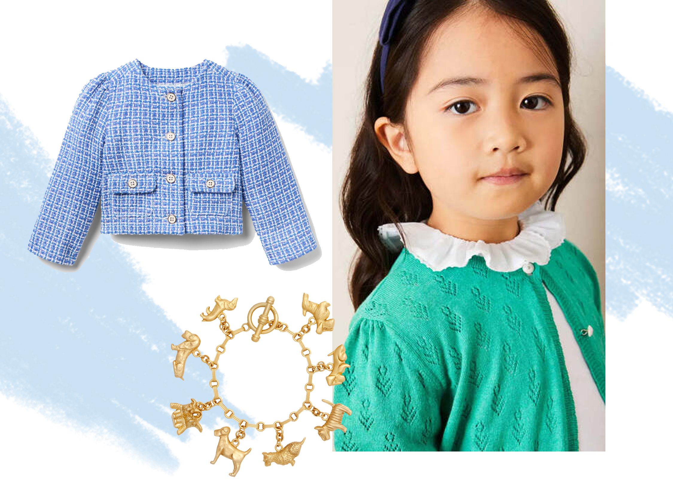 A collage of scalloped clothing and shoes.
