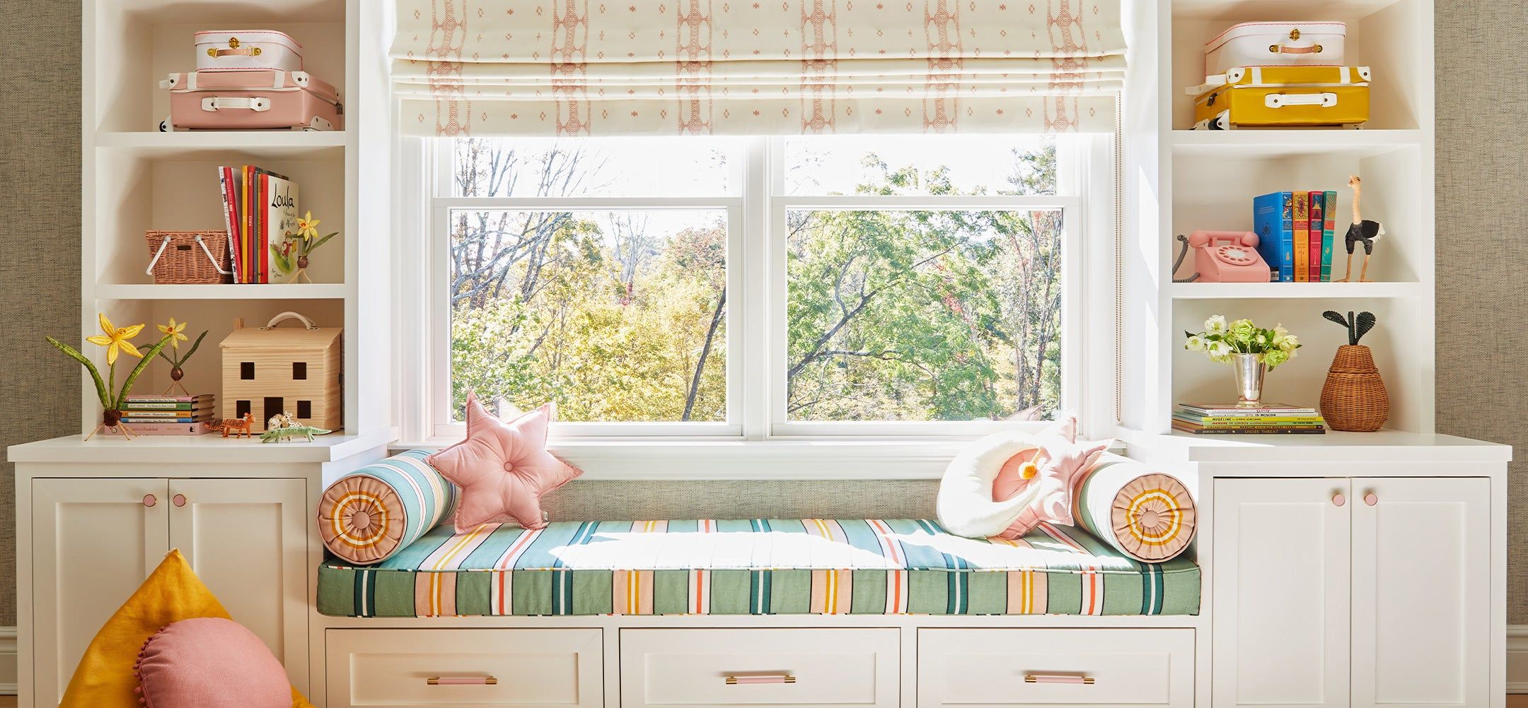 window seat with colorful striped fabric