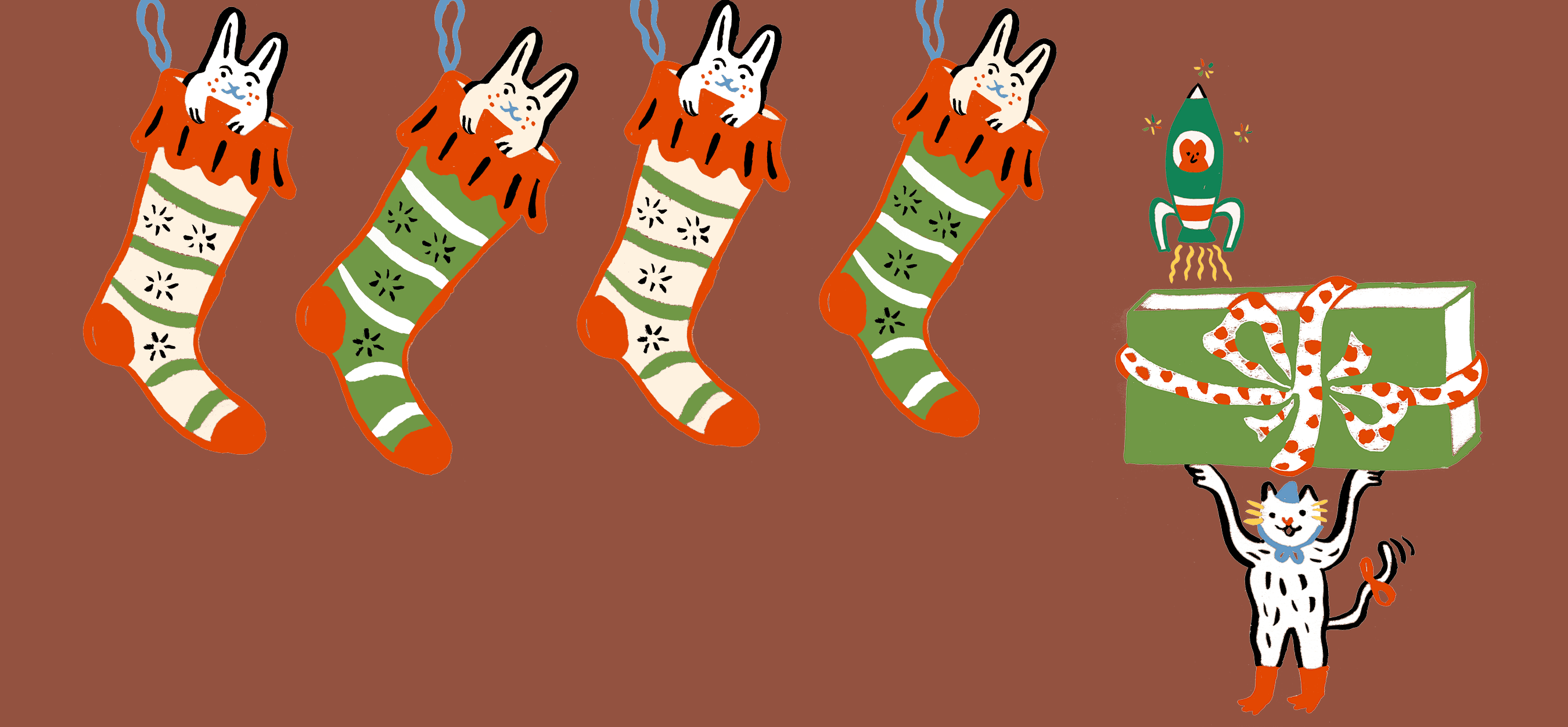 illustration of several cats in Christmas stockings and carrying fun stocking stuffers