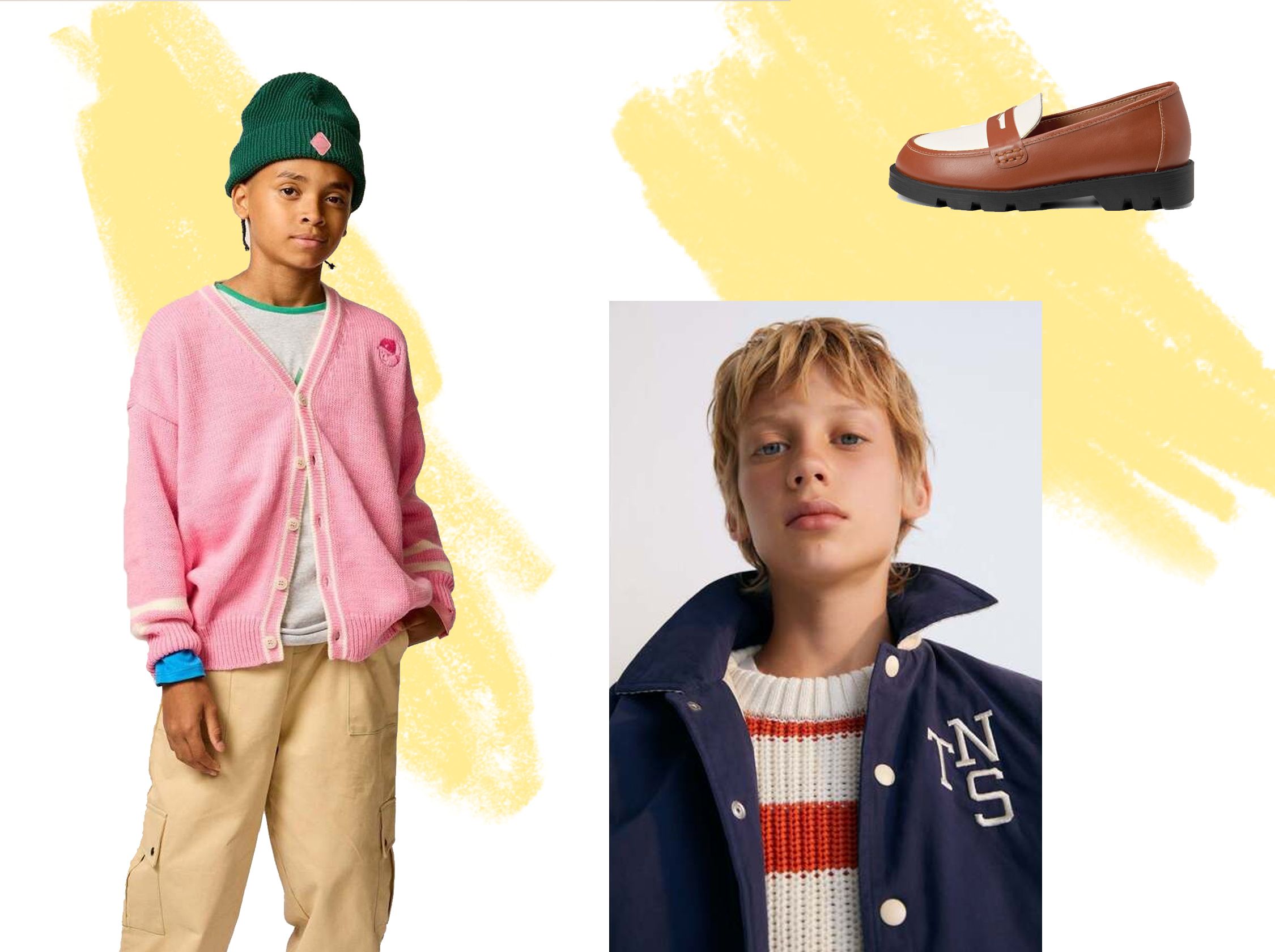 Collage of kids wearing sporty preppy fashion.