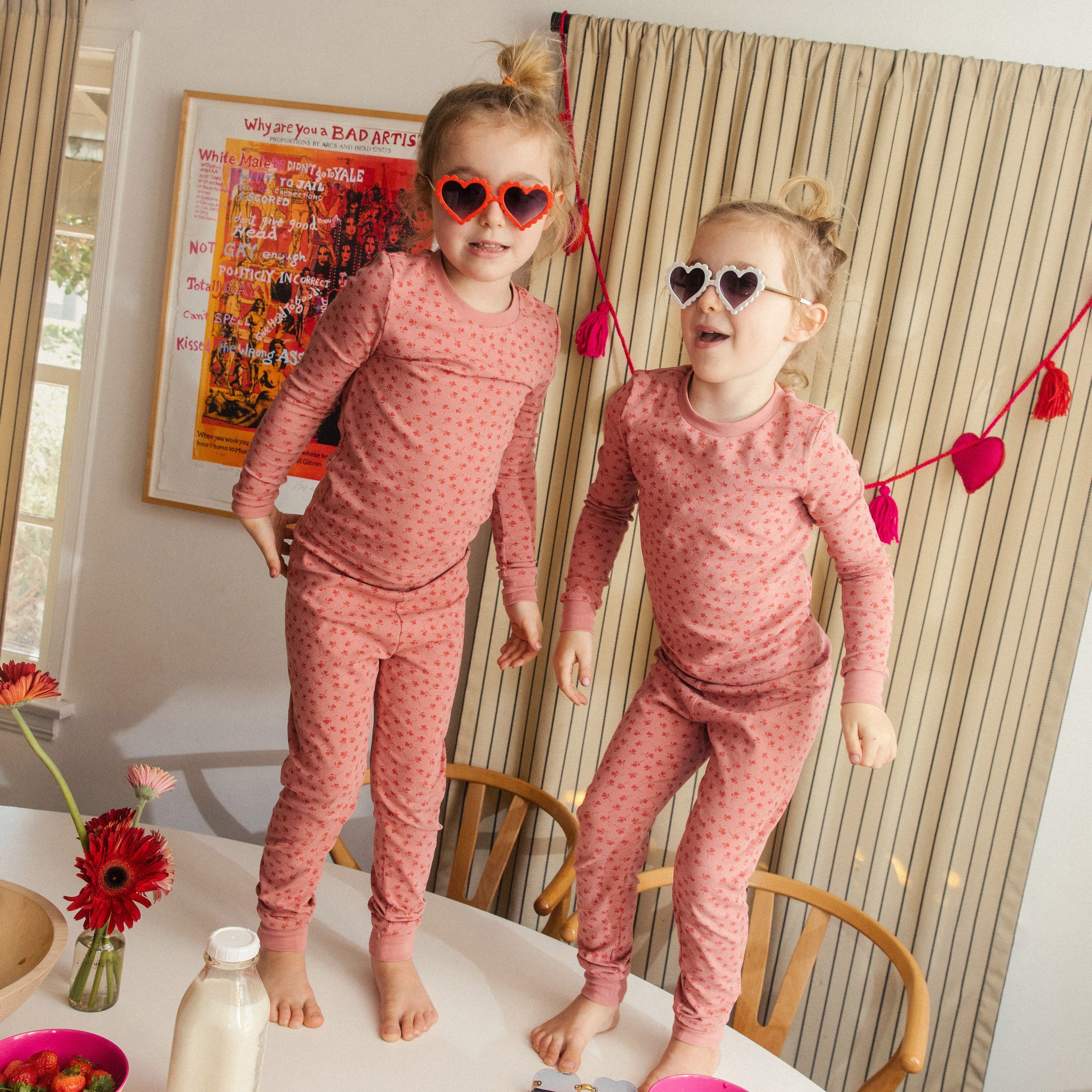 two girls celebrating Valentine's Day in PJs