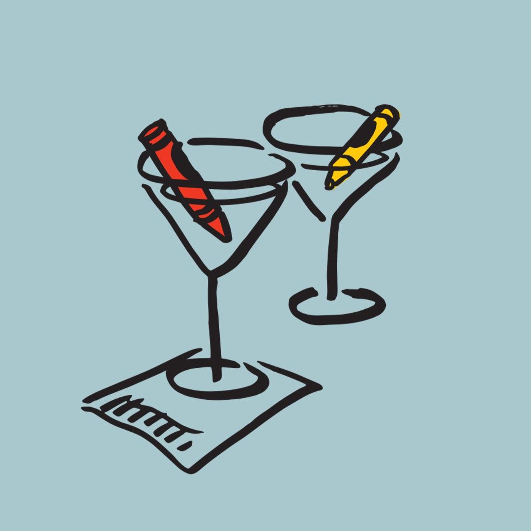 Illustrations of two martini glasses with crayons as garnish