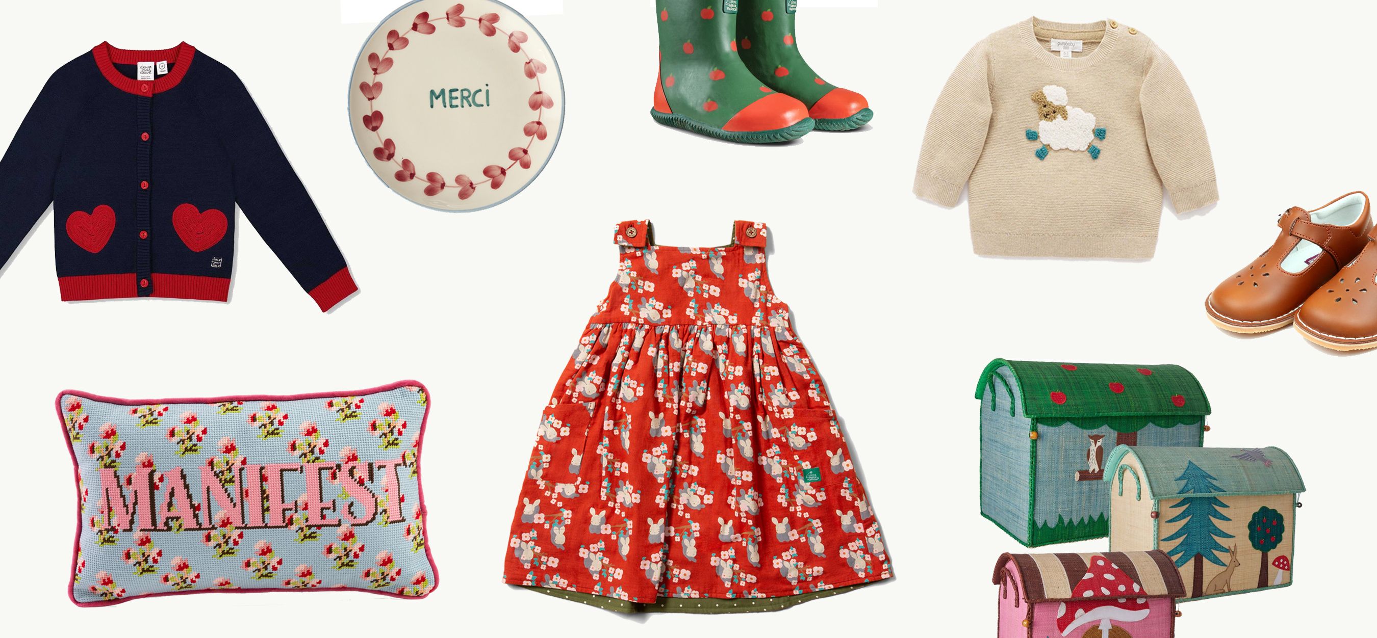 A collage of stylish kids clothes and toys on sale.