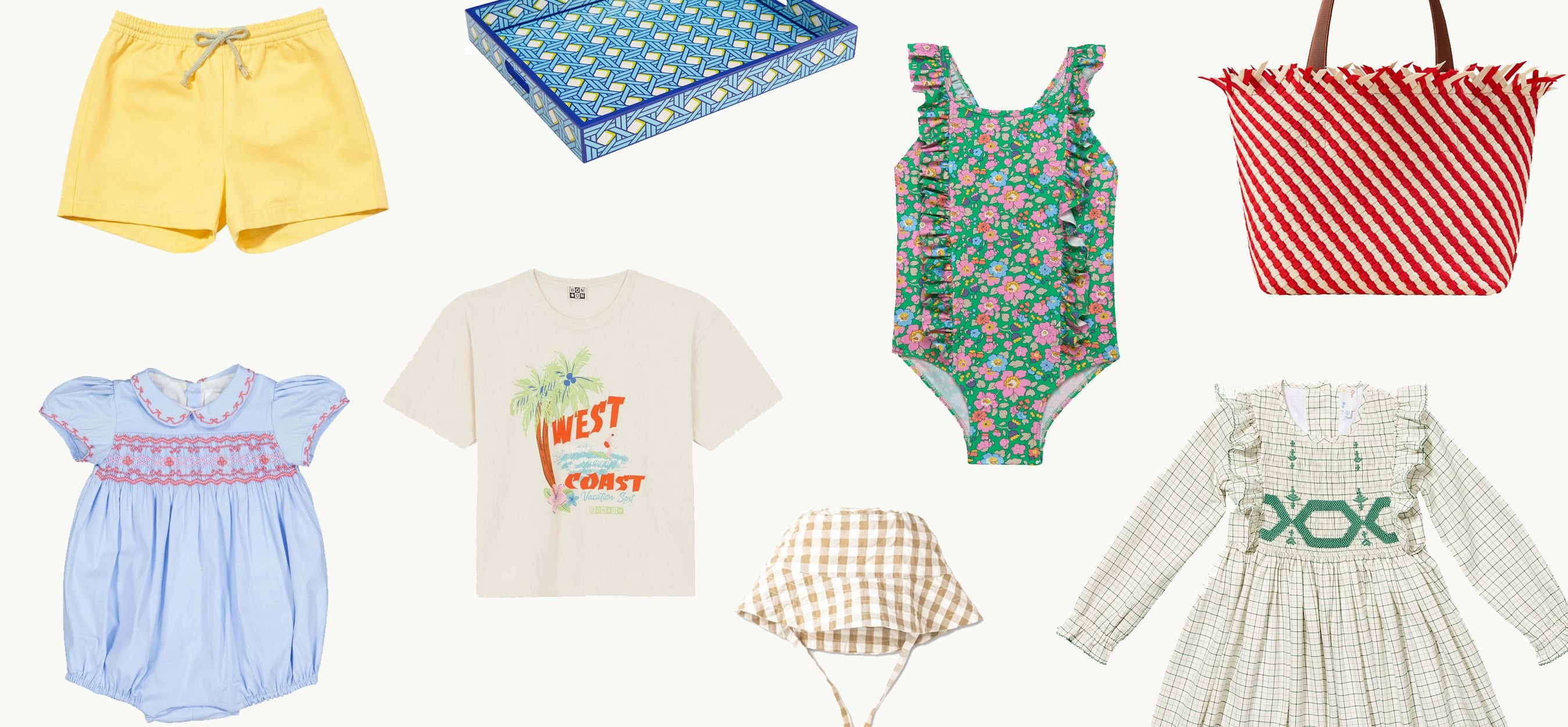 A collage of stylish kids clothes and toys on sale.