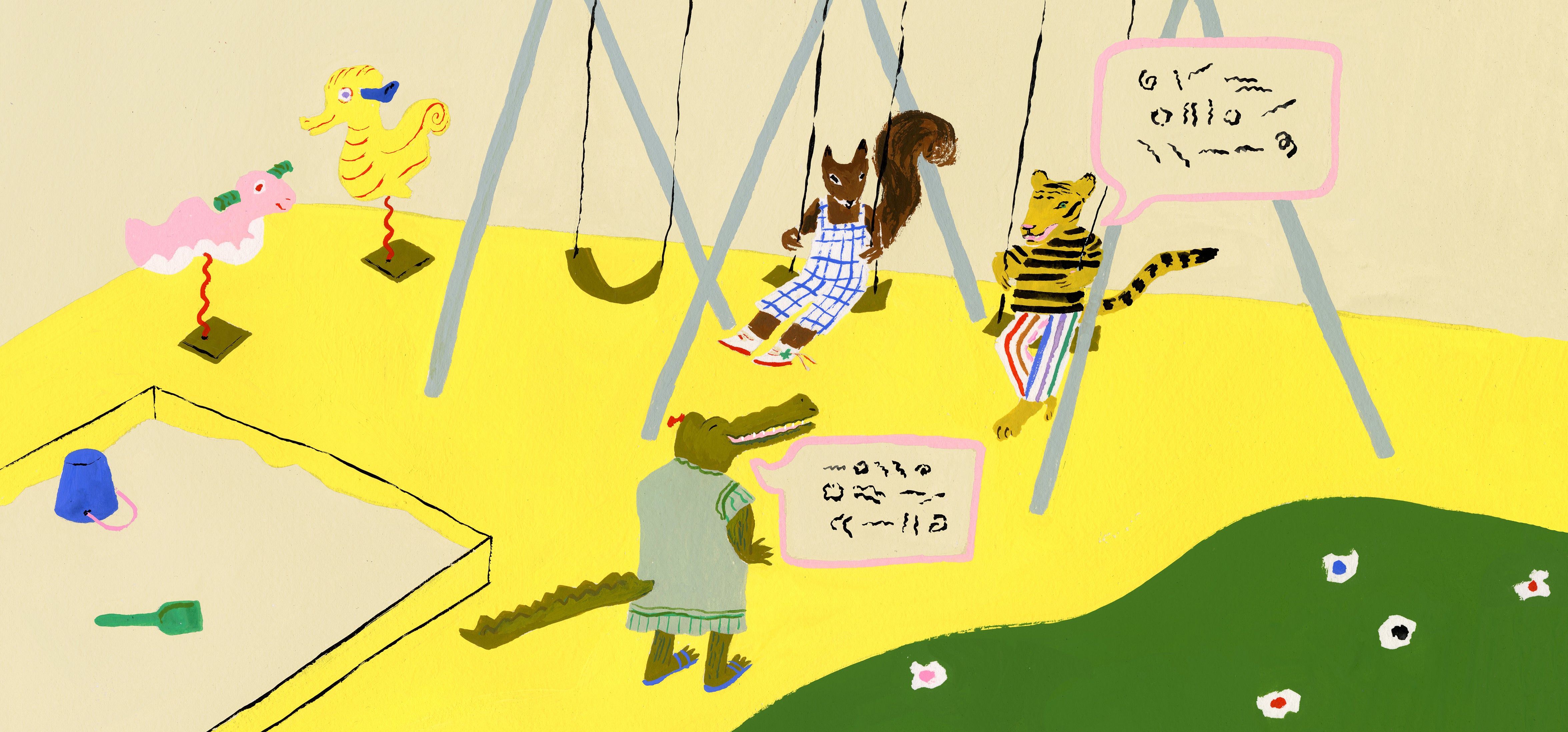 Playful illustration of animals on a playground conversing