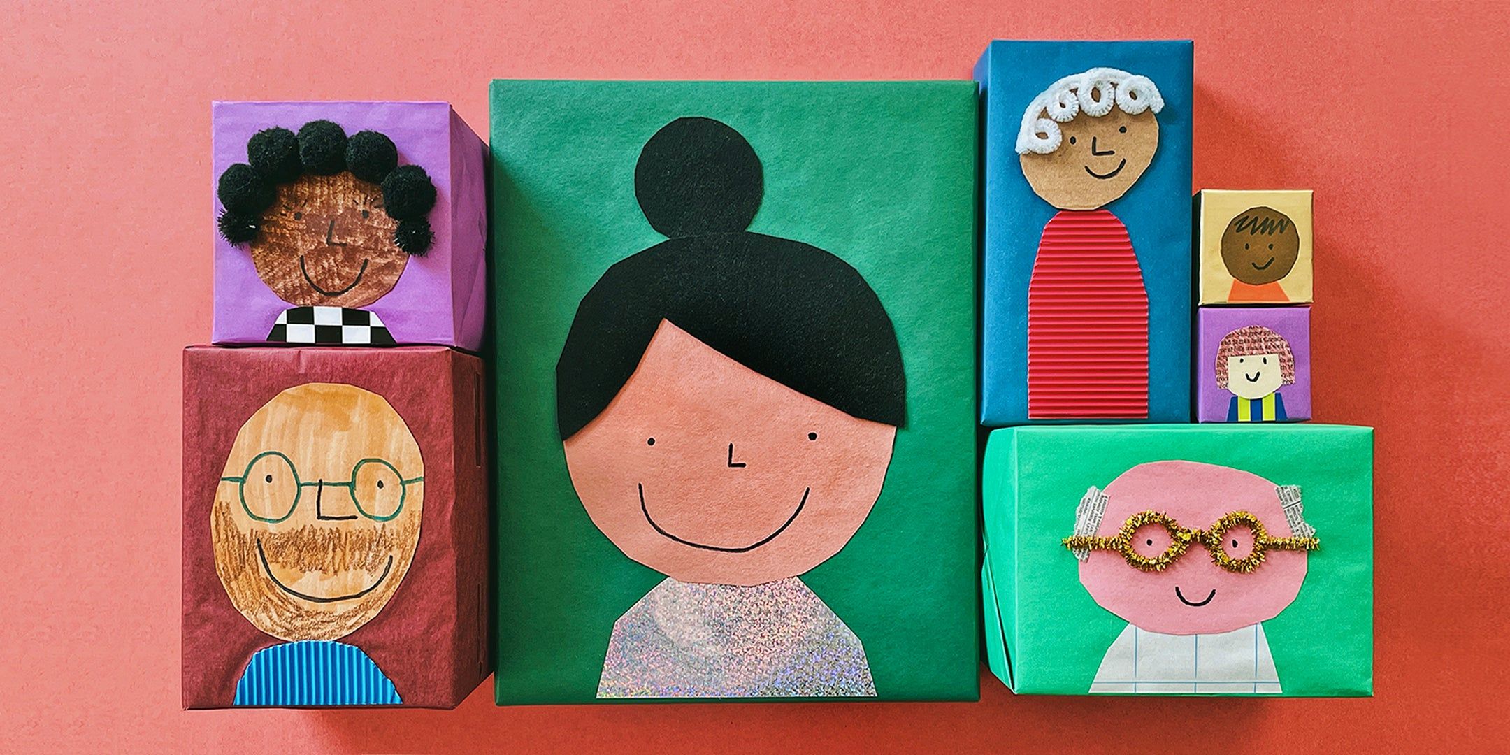 Erin Jang genius gift wrap idea with kids portraits of family members on the gift boxes 