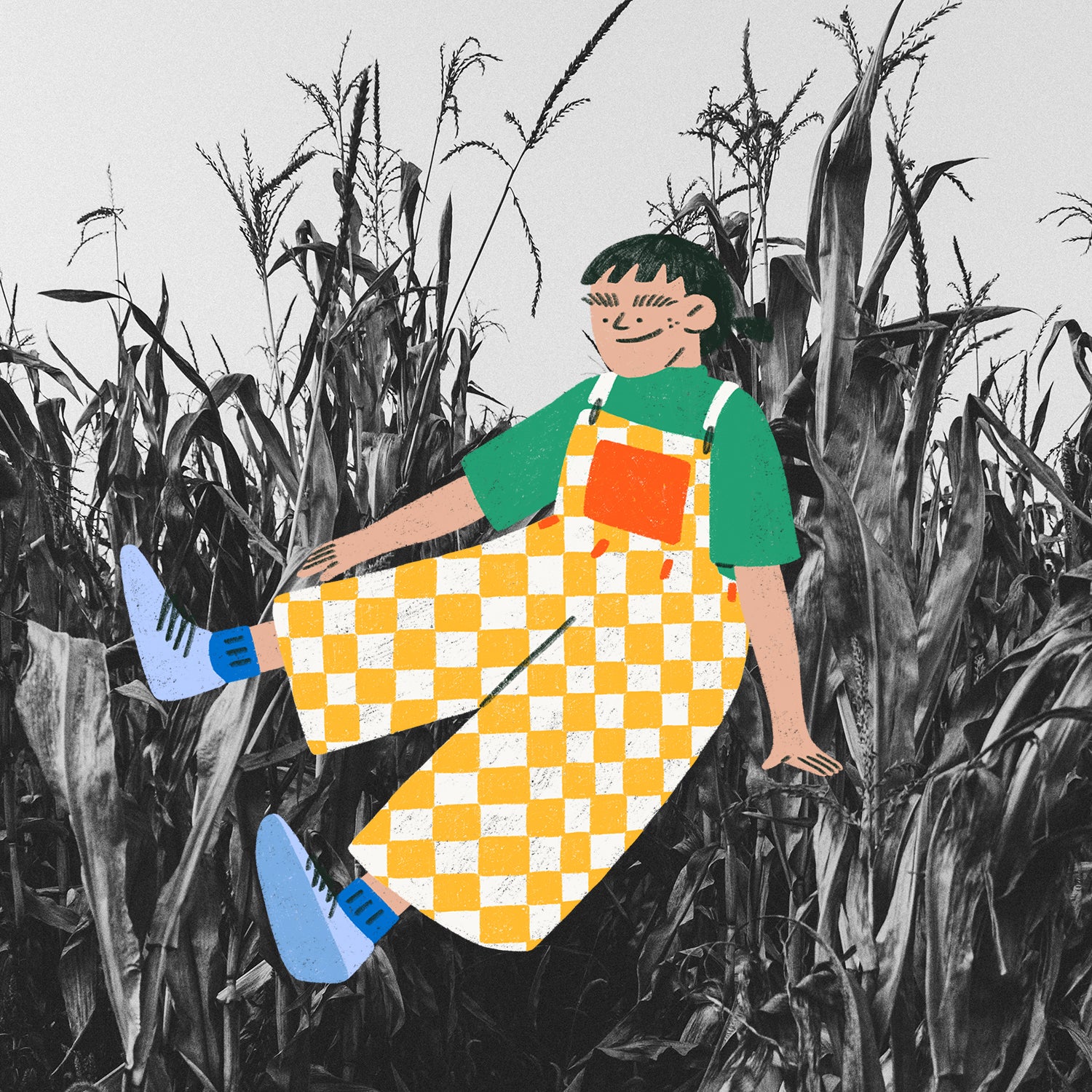 illustration of girl over photo of cornfield 