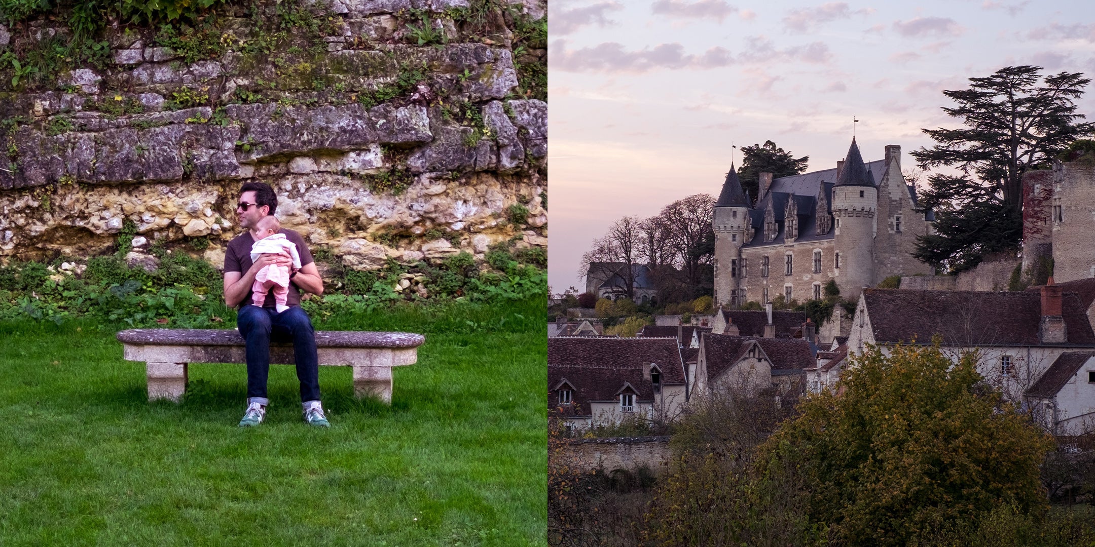 man on a bench holding a baby; castle on a hill