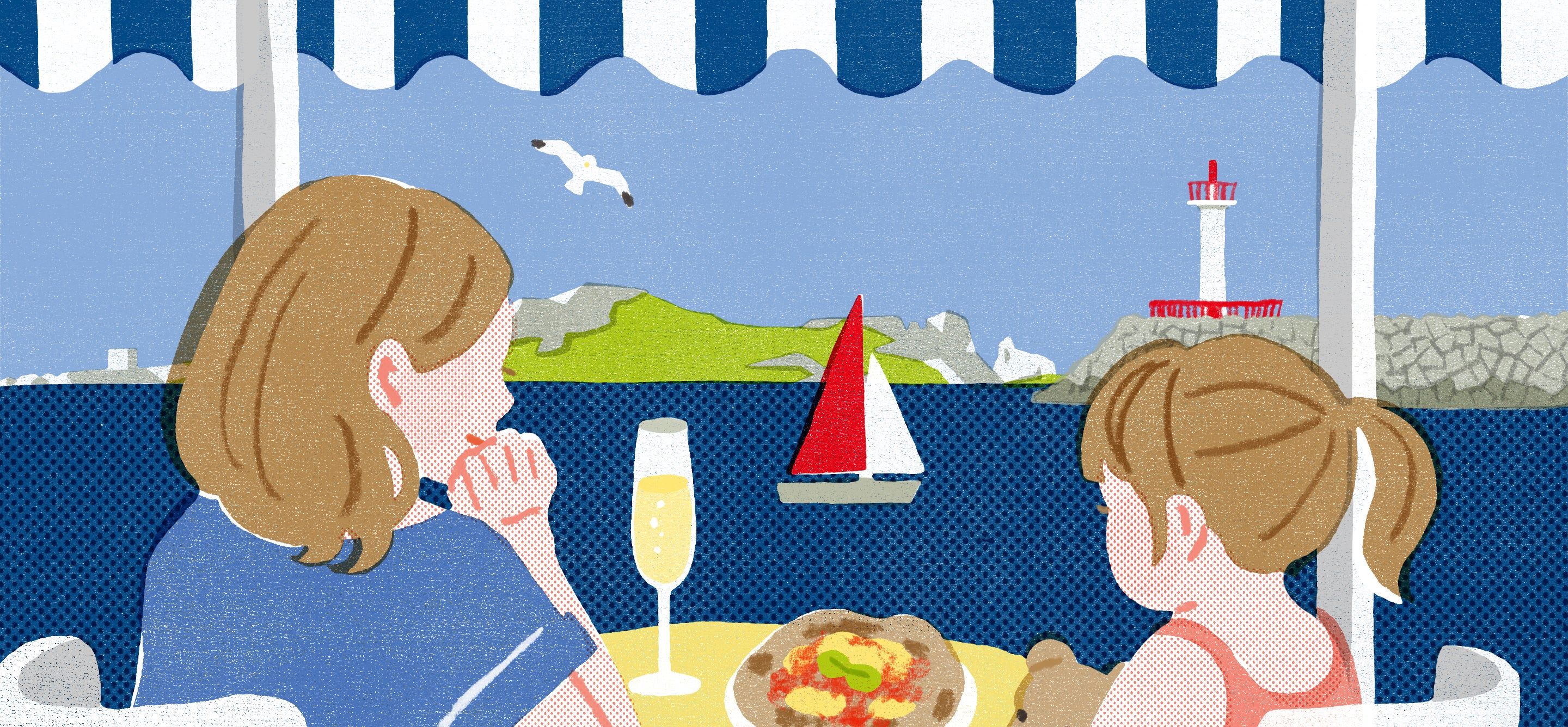 An illustration of a mother and young daughter at a seaside restaurant looking content