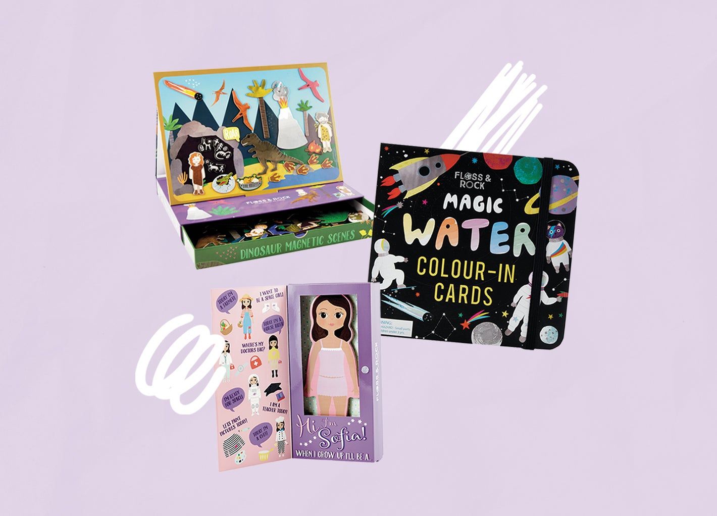 Assorted crafts from Floss & Rock on a lavender background
